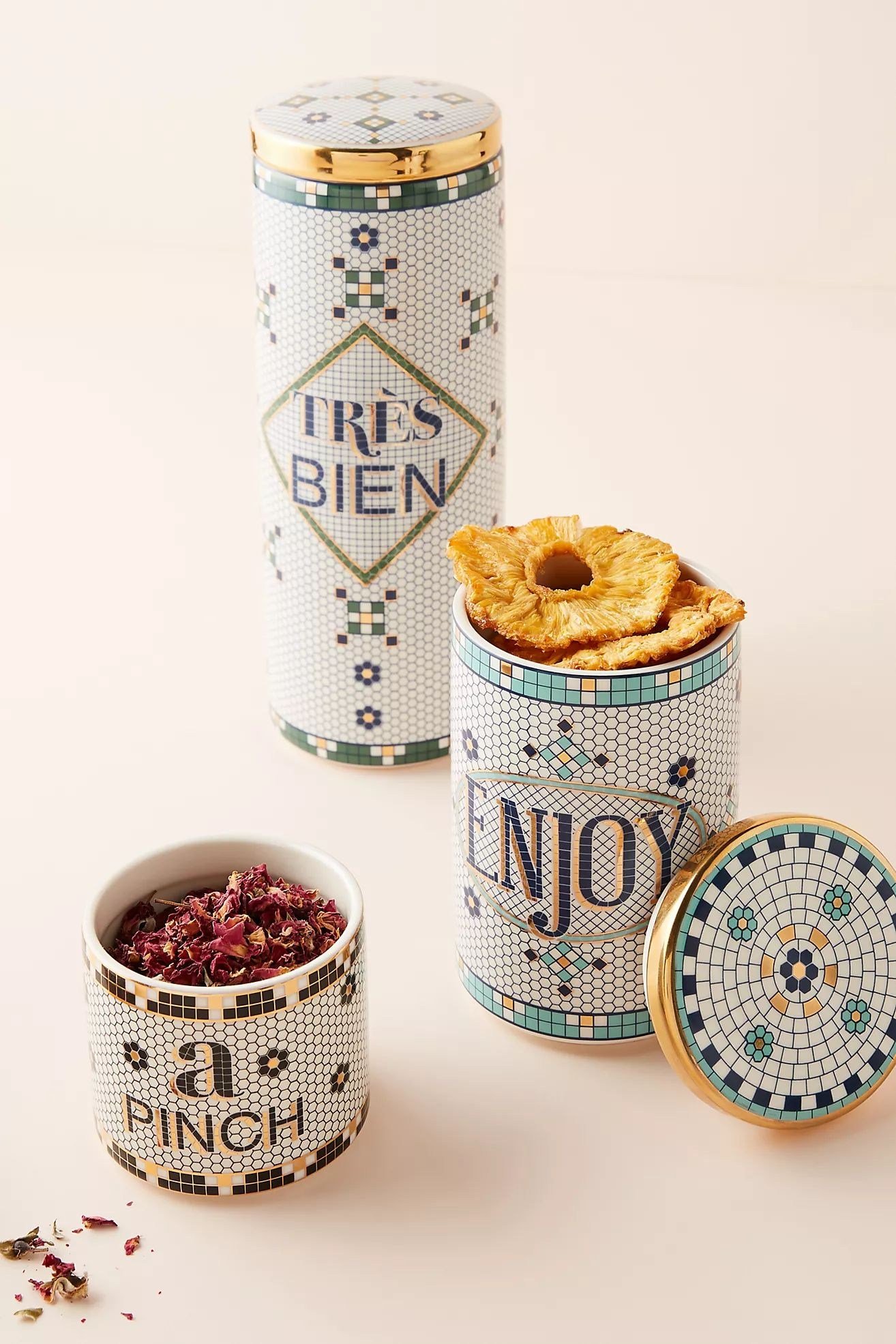 Bistro Tile Stoneware 24k Gold Accent Canister: Garden Edition