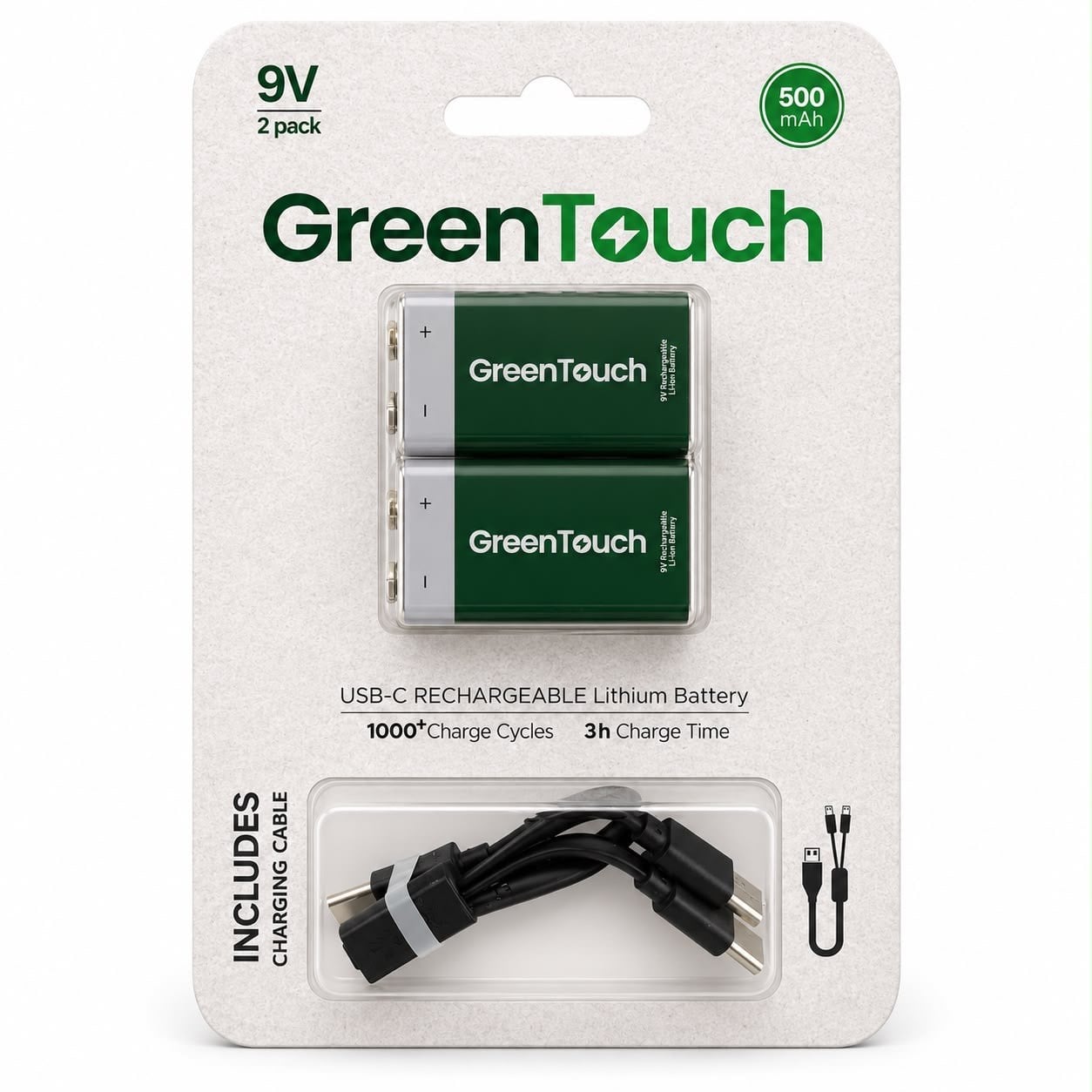 9V USB-C Şarjlı Lityum Pil 500 mAh