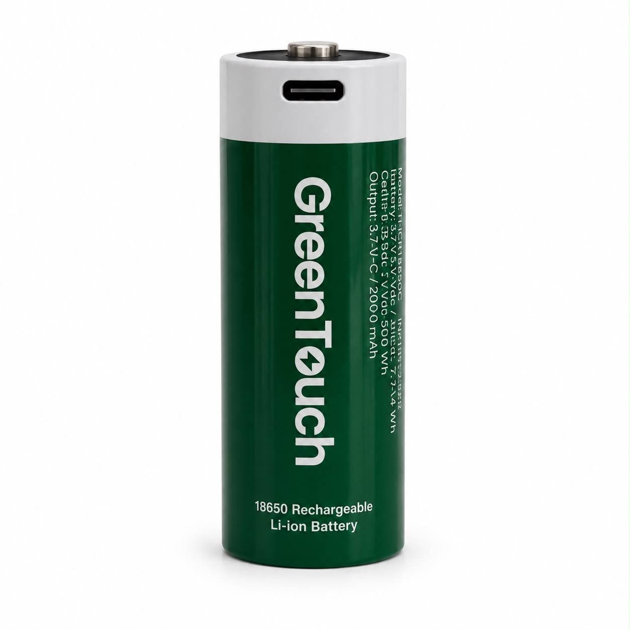 GreenTouch 18650 USB-C Şarj Edilebilir Lityum Pil 1800 mAh 3.7V 2'li Paket | Şarjlı 18650 Pil | Çoklu USB-C Şarj Kablosu Dahil