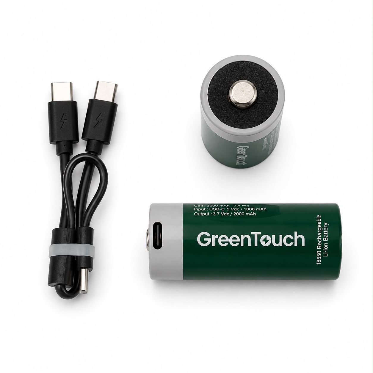 GreenTouch 18650 USB-C Şarj Edilebilir Lityum Pil 1800 mAh 3.7V 2'li Paket | Şarjlı 18650 Pil | Çoklu USB-C Şarj Kablosu Dahil