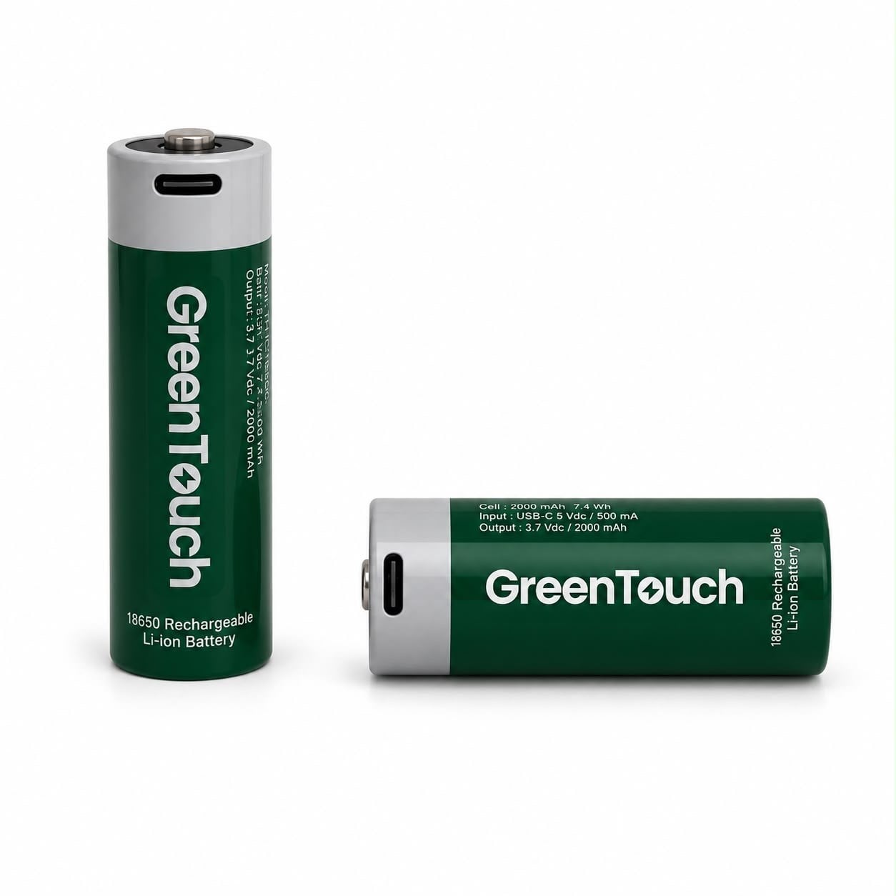 GreenTouch 18650 USB-C Şarj Edilebilir Lityum Pil 1800 mAh 3.7V 2'li Paket | Şarjlı 18650 Pil | Çoklu USB-C Şarj Kablosu Dahil