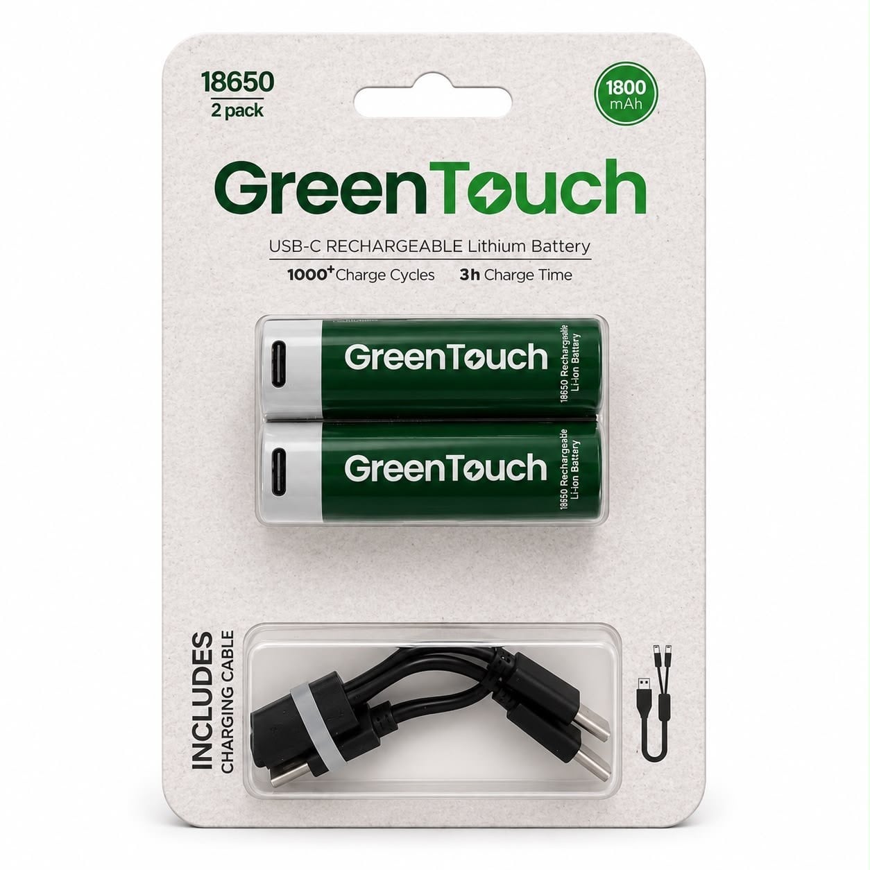GreenTouch 18650 USB-C Şarj Edilebilir Lityum Pil 1800 mAh 3.7V 2'li Paket | Şarjlı 18650 Pil | Çoklu USB-C Şarj Kablosu Dahil