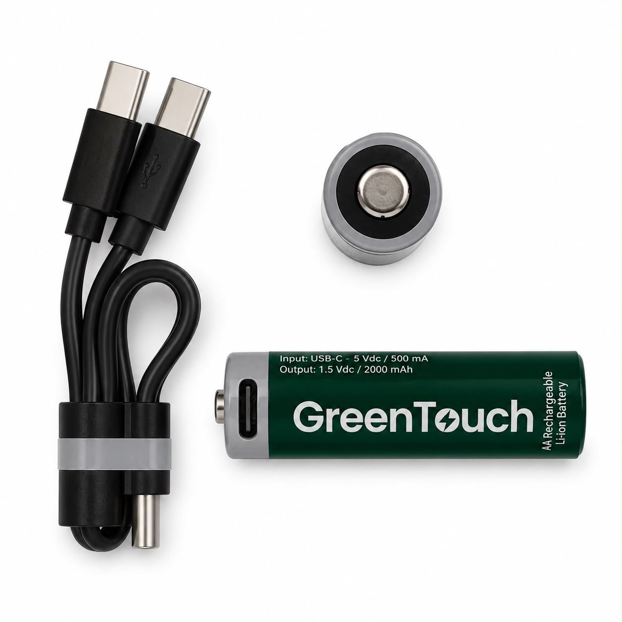 GreenTouch AA USB-C Şarj Edilebilir Lityum Pil 2000 mAh 1.5V Sabit Voltaj 2'li Paket | Şarjlı Kalem Pil | Çoklu USB-C Şarj Kablosu Dahil