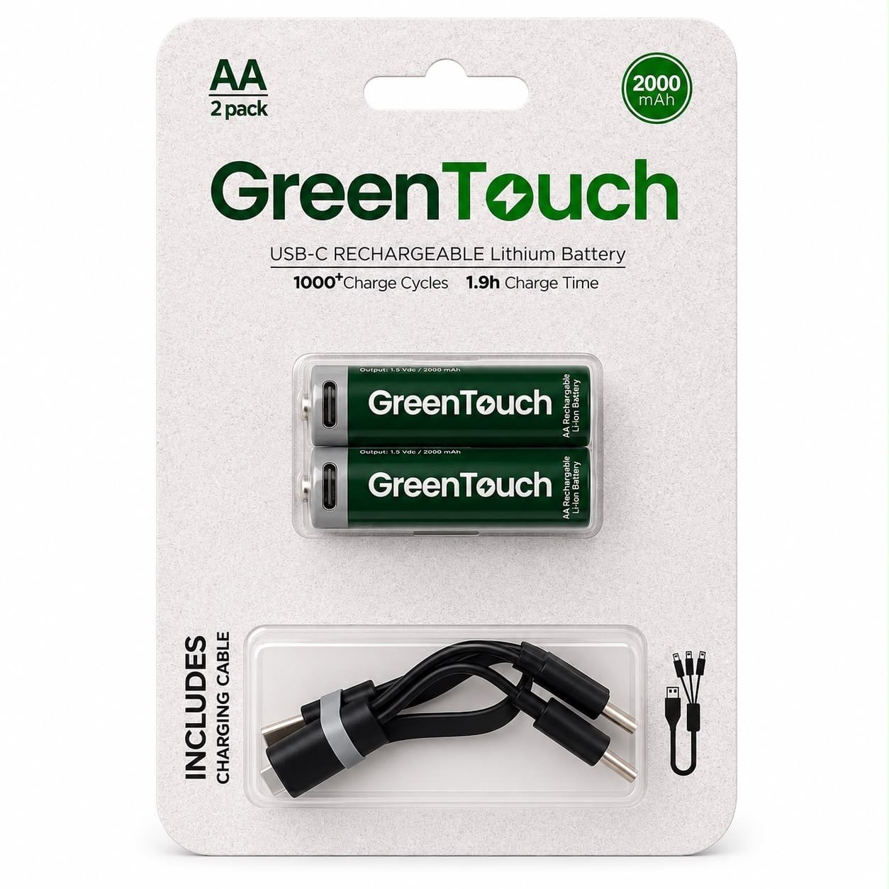 GreenTouch AA USB-C Şarj Edilebilir Lityum Pil 2000 mAh 1.5V Sabit Voltaj 2'li Paket | Şarjlı Kalem Pil | Çoklu USB-C Şarj Kablosu Dahil