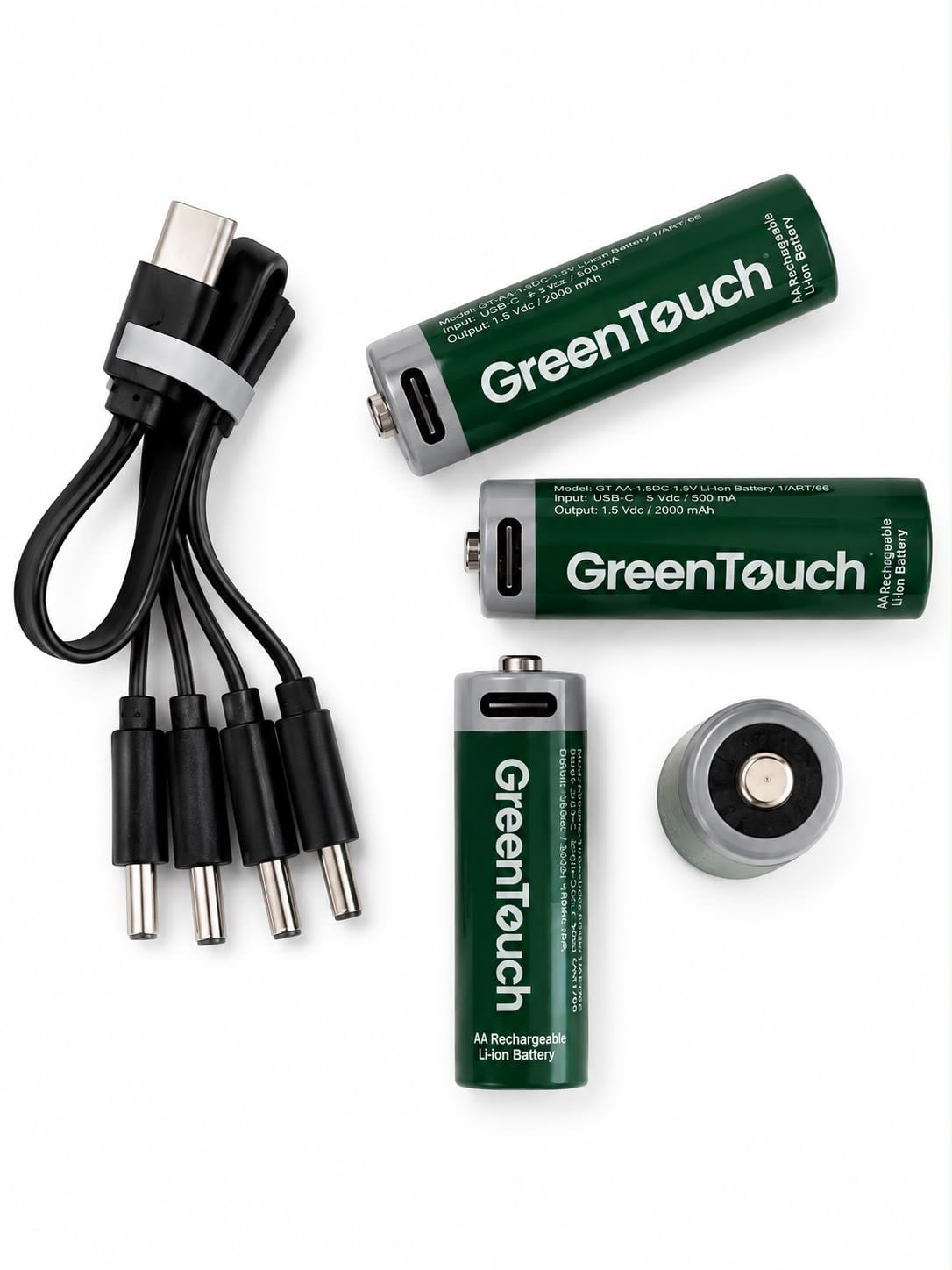 GreenTouch AA USB-C Şarj Edilebilir Lityum Pil 2000 mAh 1.5V Sabit Voltaj 4'lü Paket | Şarjlı Kalem Pil | Çoklu USB-C Şarj Kablosu Dahil