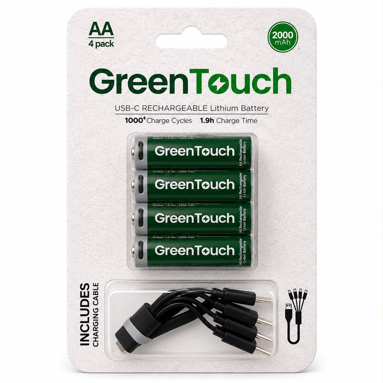 GreenTouch AA USB-C Şarj Edilebilir Lityum Pil 2000 mAh 1.5V Sabit Voltaj 4'lü Paket | Şarjlı Kalem Pil | Çoklu USB-C Şarj Kablosu Dahil