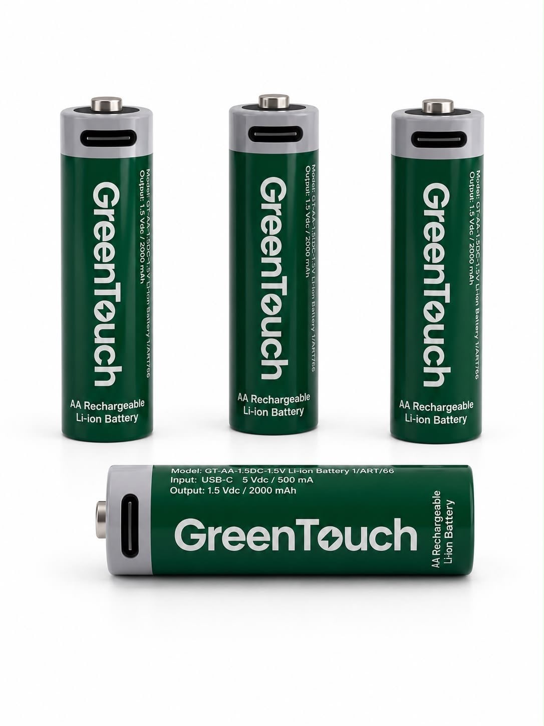 GreenTouch AA USB-C Şarj Edilebilir Lityum Pil 2000 mAh 1.5V Sabit Voltaj 4'lü Paket | Şarjlı Kalem Pil | Çoklu USB-C Şarj Kablosu Dahil