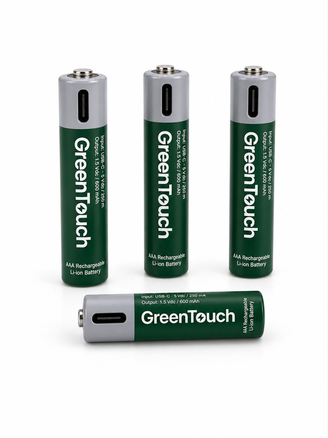 GreenTouch AAA USB-C Şarj Edilebilir Lityum Pil 600 mAh 1.5V Sabit Voltaj 4'lü Paket | Şarjlı İnce Kalem Pil | Çoklu USB-C Şarj Kablosu Dahil