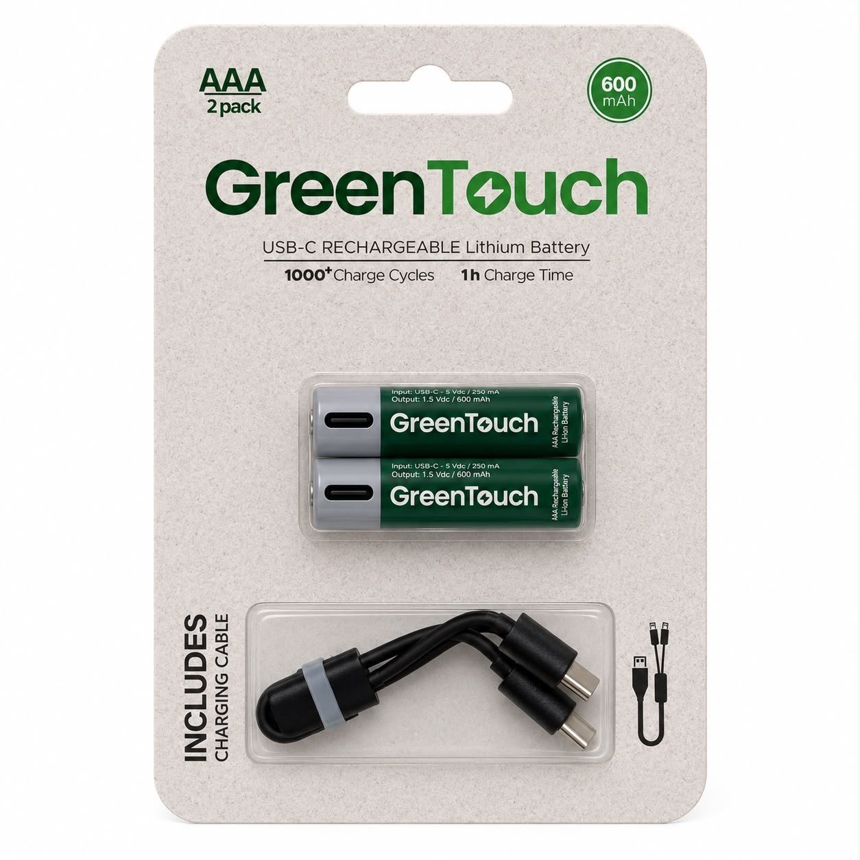 GreenTouch AAA USB-C Şarj Edilebilir Lityum Pil 600 mAh 1.5V Sabit Voltaj 2'li Paket | Şarjlı İnce Kalem Pil | Çoklu USB-C Şarj Kablosu Dahil