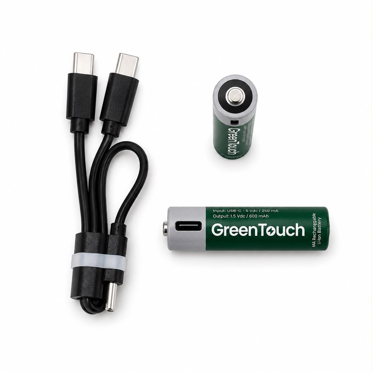 GreenTouch AAA USB-C Şarj Edilebilir Lityum Pil 600 mAh 1.5V Sabit Voltaj 2'li Paket | Şarjlı İnce Kalem Pil | Çoklu USB-C Şarj Kablosu Dahil