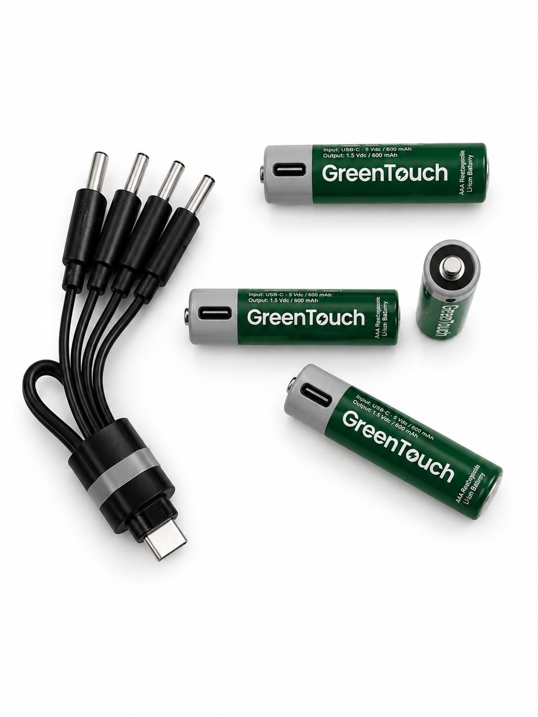 GreenTouch AAA USB-C Şarj Edilebilir Lityum Pil 600 mAh 1.5V Sabit Voltaj 4'lü Paket | Şarjlı İnce Kalem Pil | Çoklu USB-C Şarj Kablosu Dahil