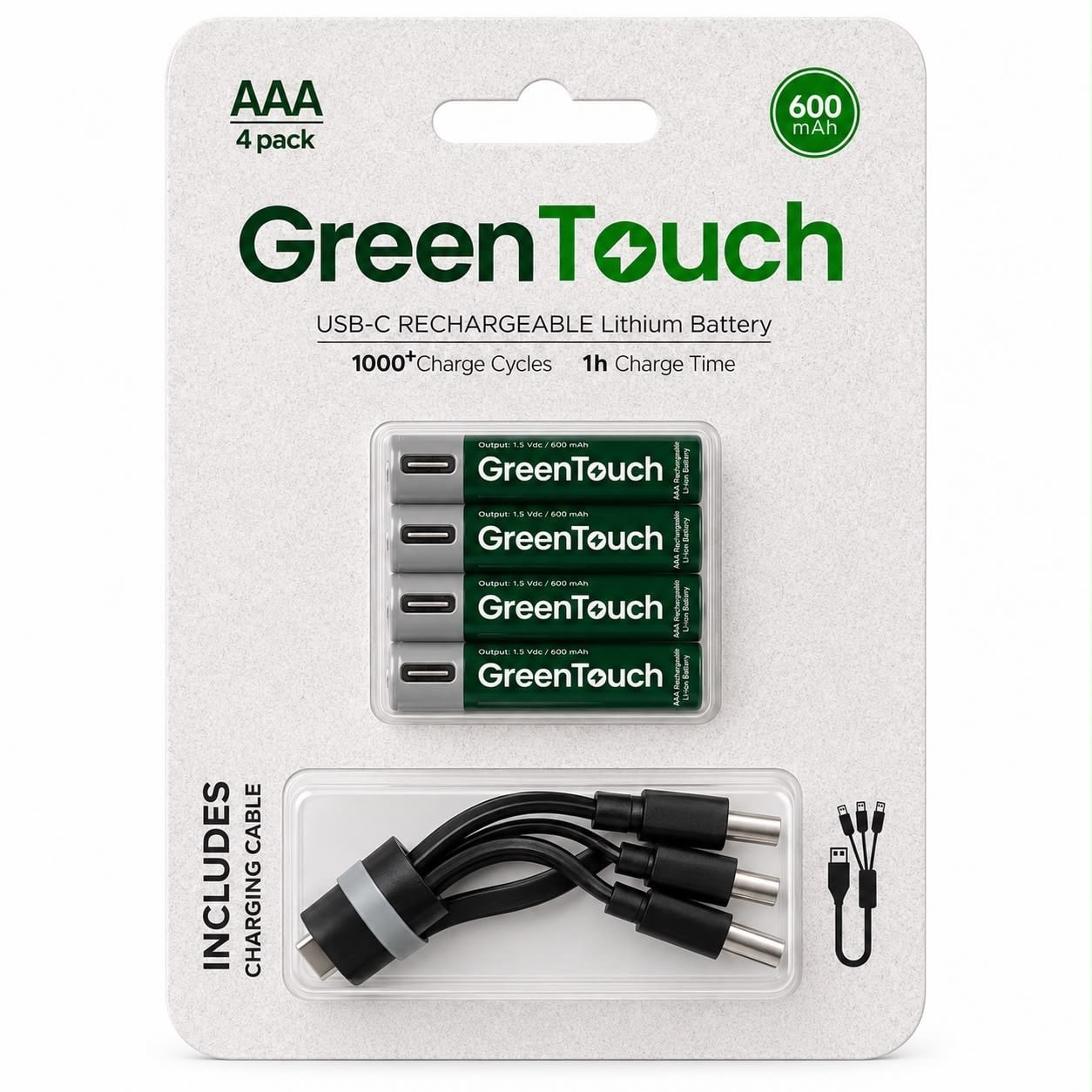 GreenTouch AAA USB-C Şarj Edilebilir Lityum Pil 600 mAh 1.5V Sabit Voltaj 4'lü Paket | Şarjlı İnce Kalem Pil | Çoklu USB-C Şarj Kablosu Dahil