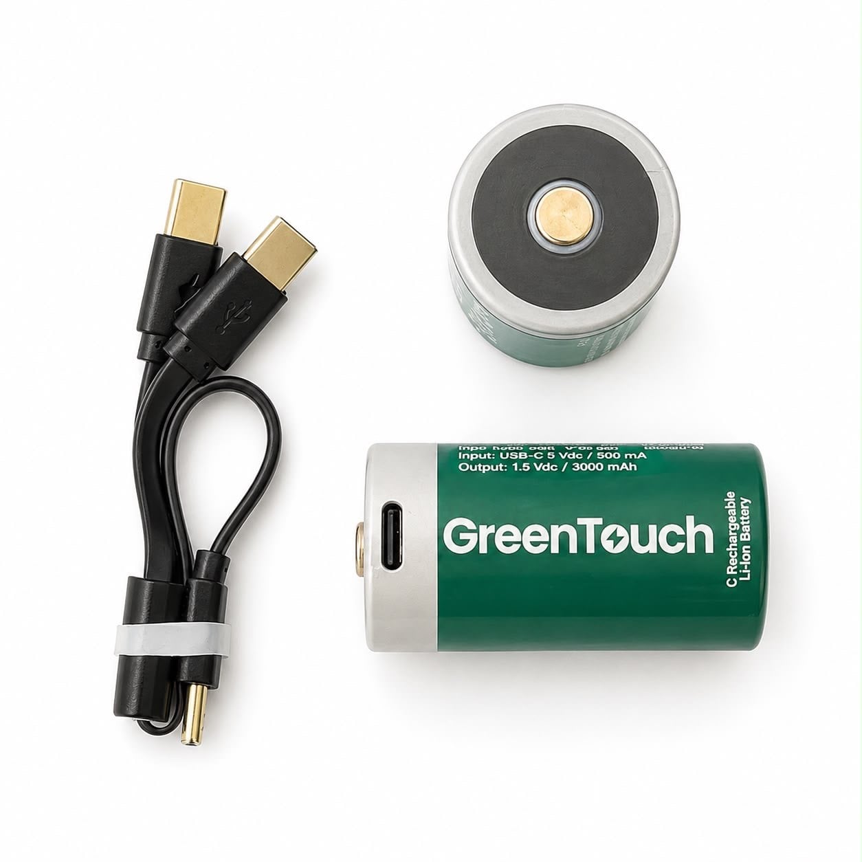 GreenTouch C USB-C Şarj Edilebilir Lityum Pil 6500 mAh 1.5V Sabit Voltaj 2'li Paket | Şarjlı Orta Boy Pil | Çoklu USB-C Şarj Kablosu Dahil