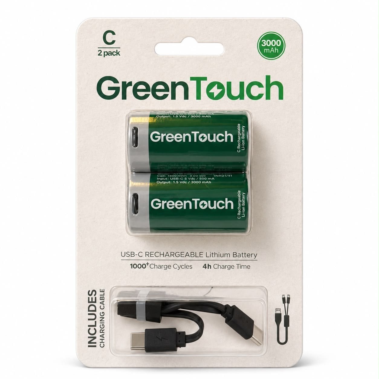 GreenTouch C USB-C Şarj Edilebilir Lityum Pil 6500 mAh 1.5V Sabit Voltaj 2'li Paket | Şarjlı Orta Boy Pil | Çoklu USB-C Şarj Kablosu Dahil