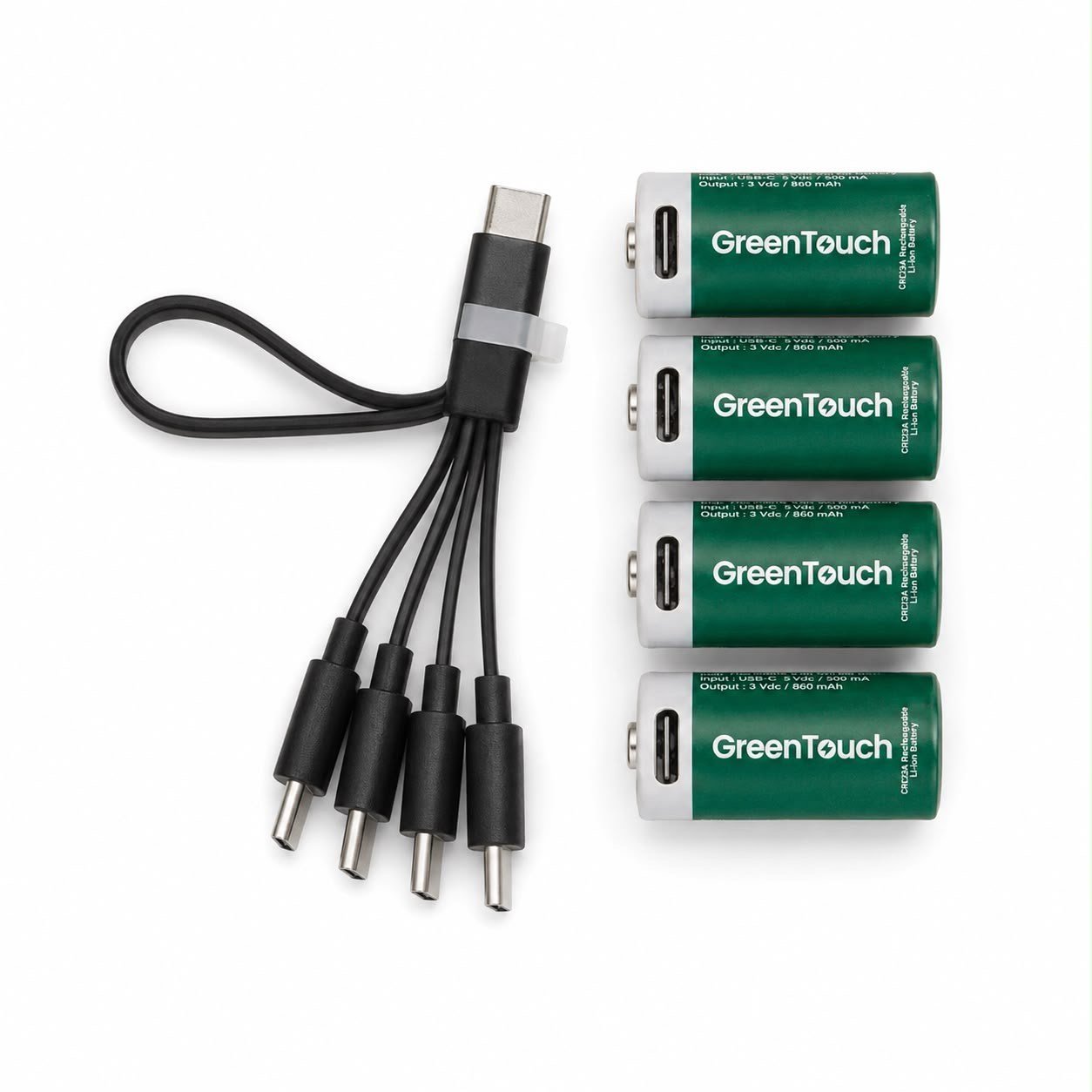 GreenTouch CR123A USB-C Şarj Edilebilir Lityum Pil 860 mAh 3V 4'lü Paket | CR123A Şarjlı Pil | Çoklu USB-C Şarj Kablosu Dahil
