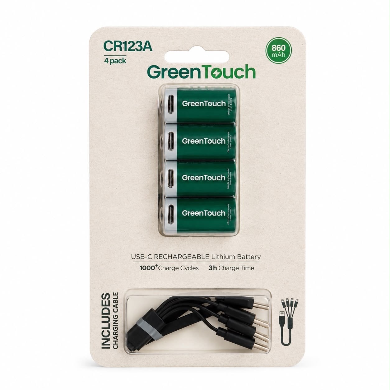 GreenTouch CR123A USB-C Şarj Edilebilir Lityum Pil 860 mAh 3V 4'lü Paket | CR123A Şarjlı Pil | Çoklu USB-C Şarj Kablosu Dahil
