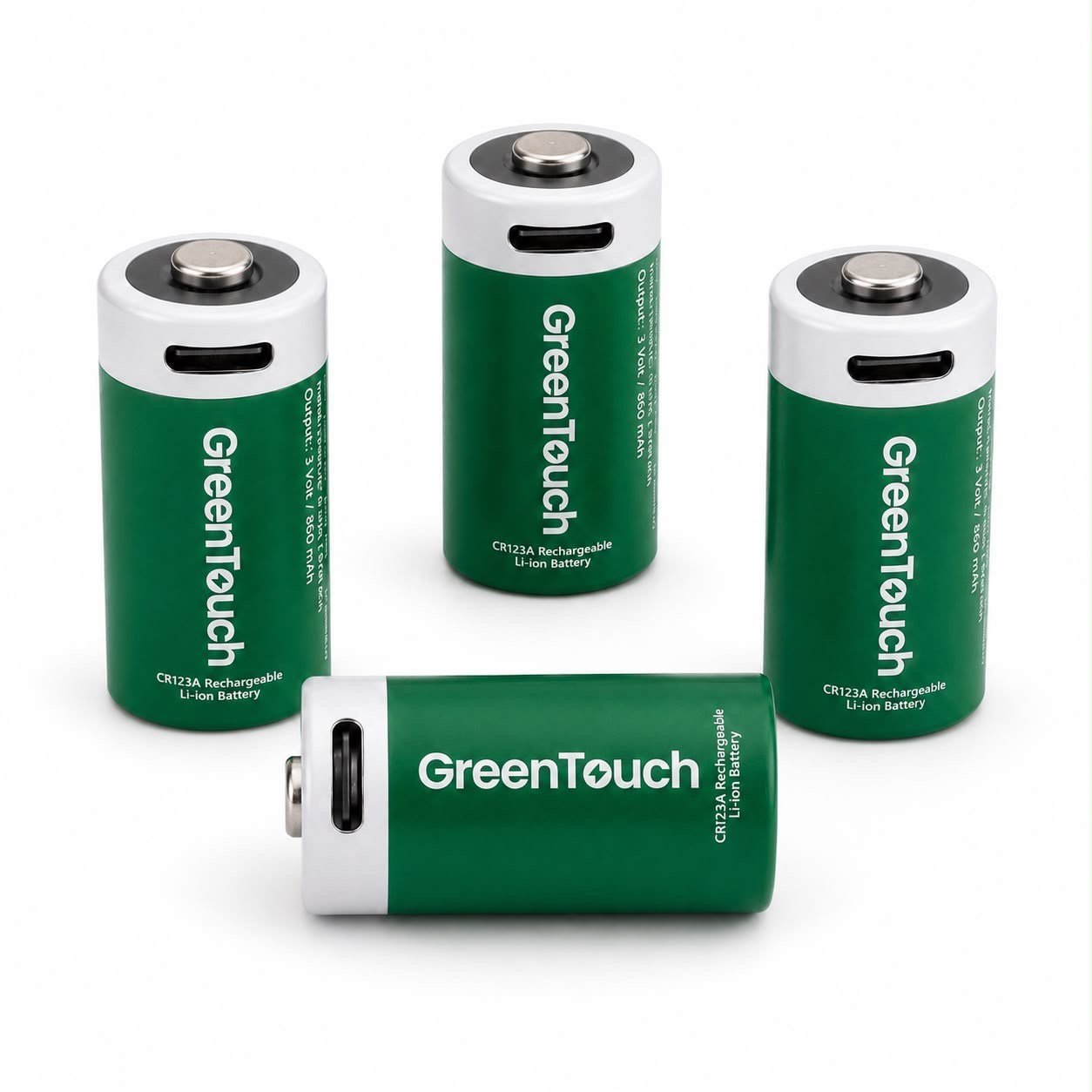GreenTouch CR123A USB-C Şarj Edilebilir Lityum Pil 860 mAh 3V 4'lü Paket | CR123A Şarjlı Pil | Çoklu USB-C Şarj Kablosu Dahil