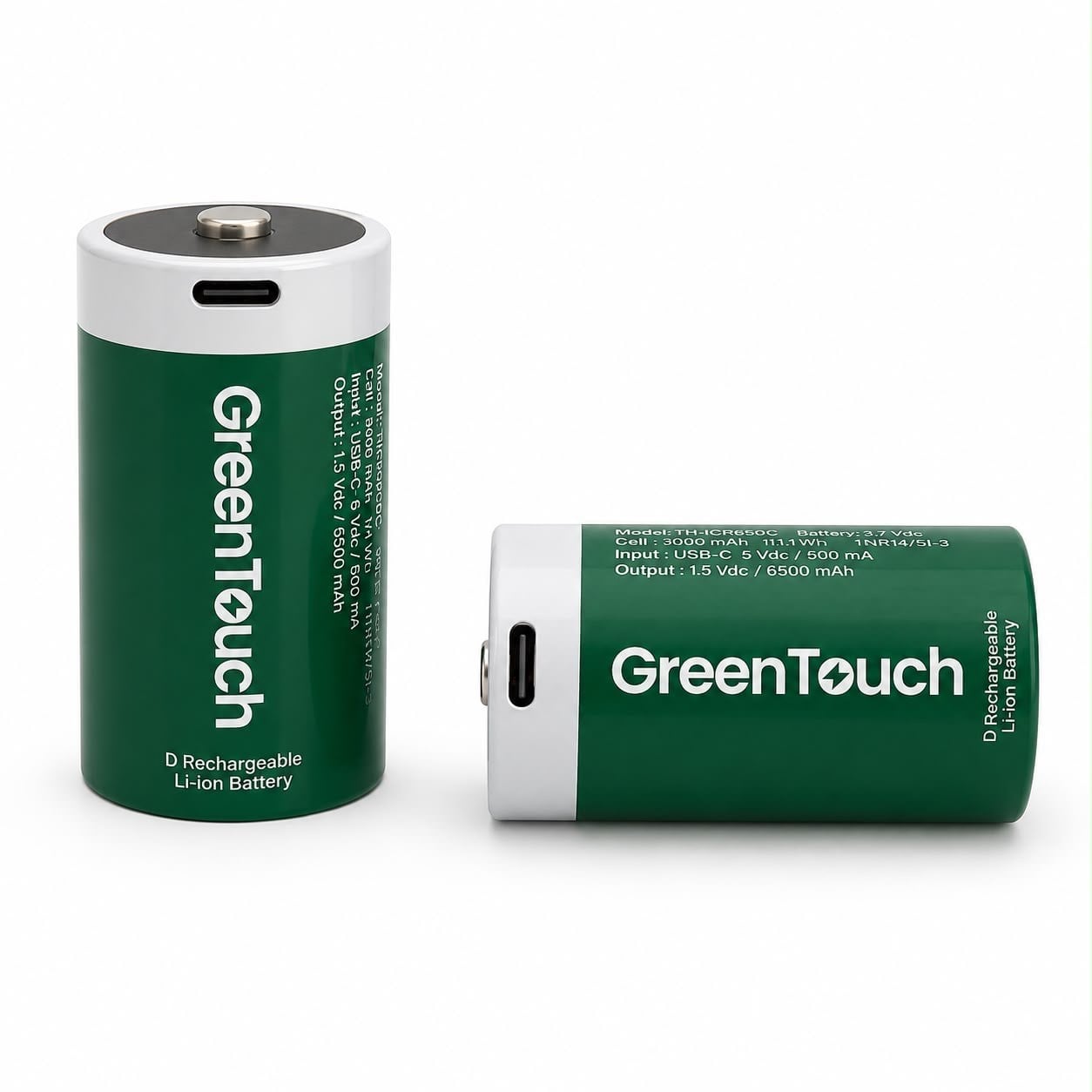 GreenTouch D USB-C Şarj Edilebilir Lityum Pil 6500 mAh 1.5V Sabit Voltaj 2'li Paket | Şarjlı Büyük Boy Pil | Çoklu USB-C Şarj Kablosu Dahil