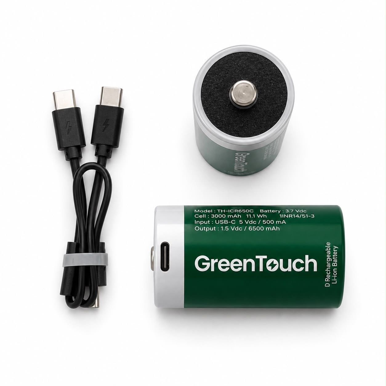 GreenTouch D USB-C Şarj Edilebilir Lityum Pil 6500 mAh 1.5V Sabit Voltaj 2'li Paket | Şarjlı Büyük Boy Pil | Çoklu USB-C Şarj Kablosu Dahil