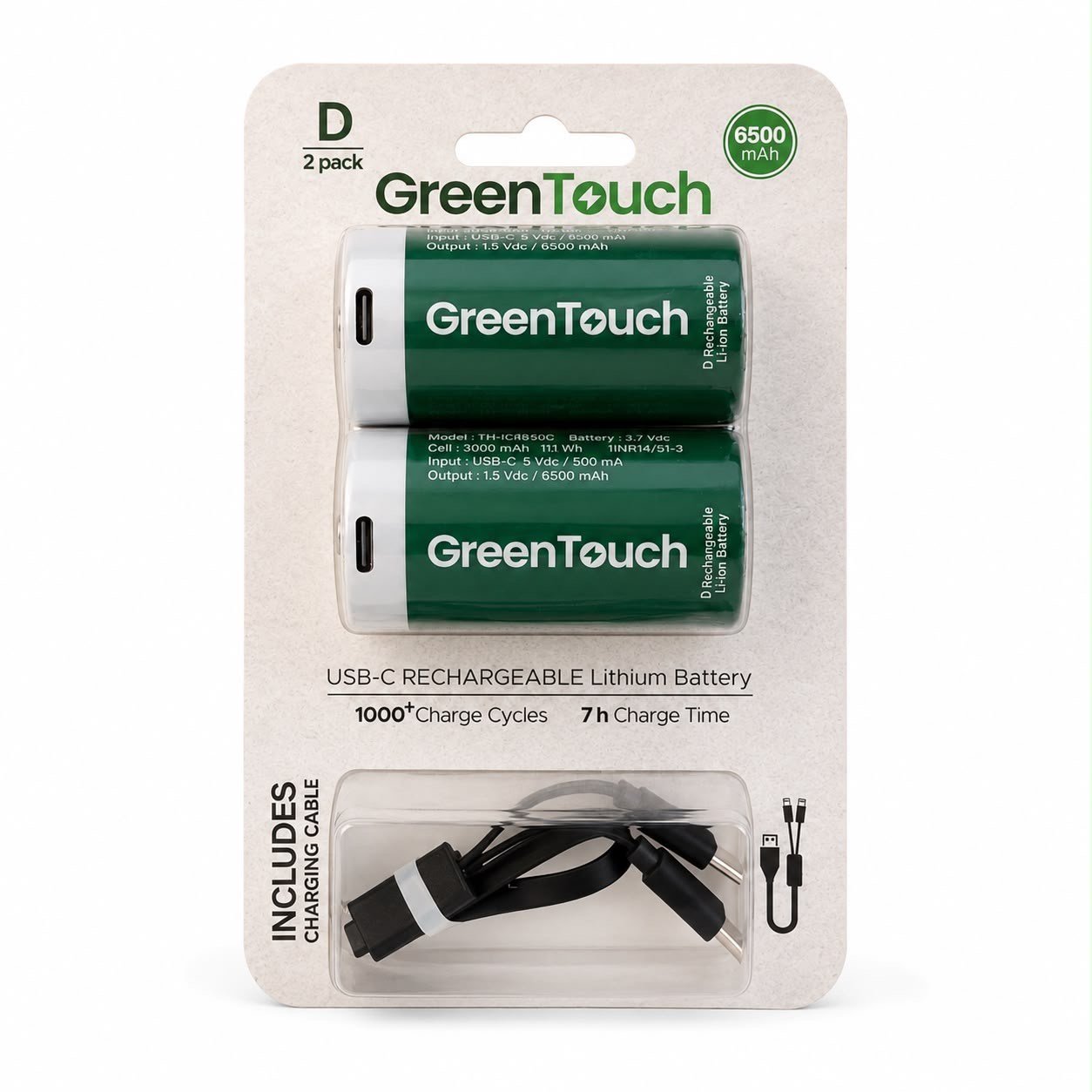 GreenTouch D USB-C Şarj Edilebilir Lityum Pil 6500 mAh 1.5V Sabit Voltaj 2'li Paket | Şarjlı Büyük Boy Pil | Çoklu USB-C Şarj Kablosu Dahil