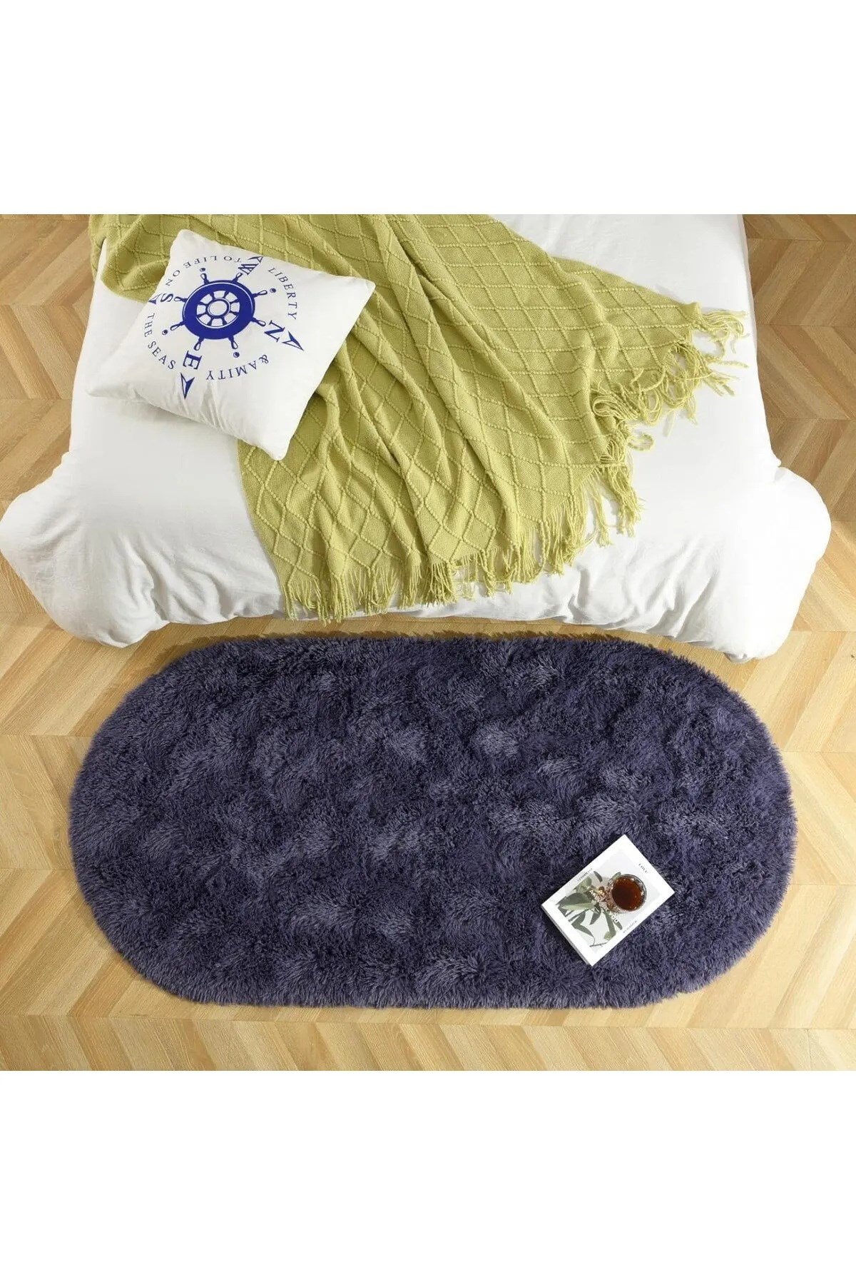 Antrasit Oval Peluş Post Halı Yolluk Yumuşak Tüylü Puffy Kaymaz Dekoratif Yıkanabilir Modern