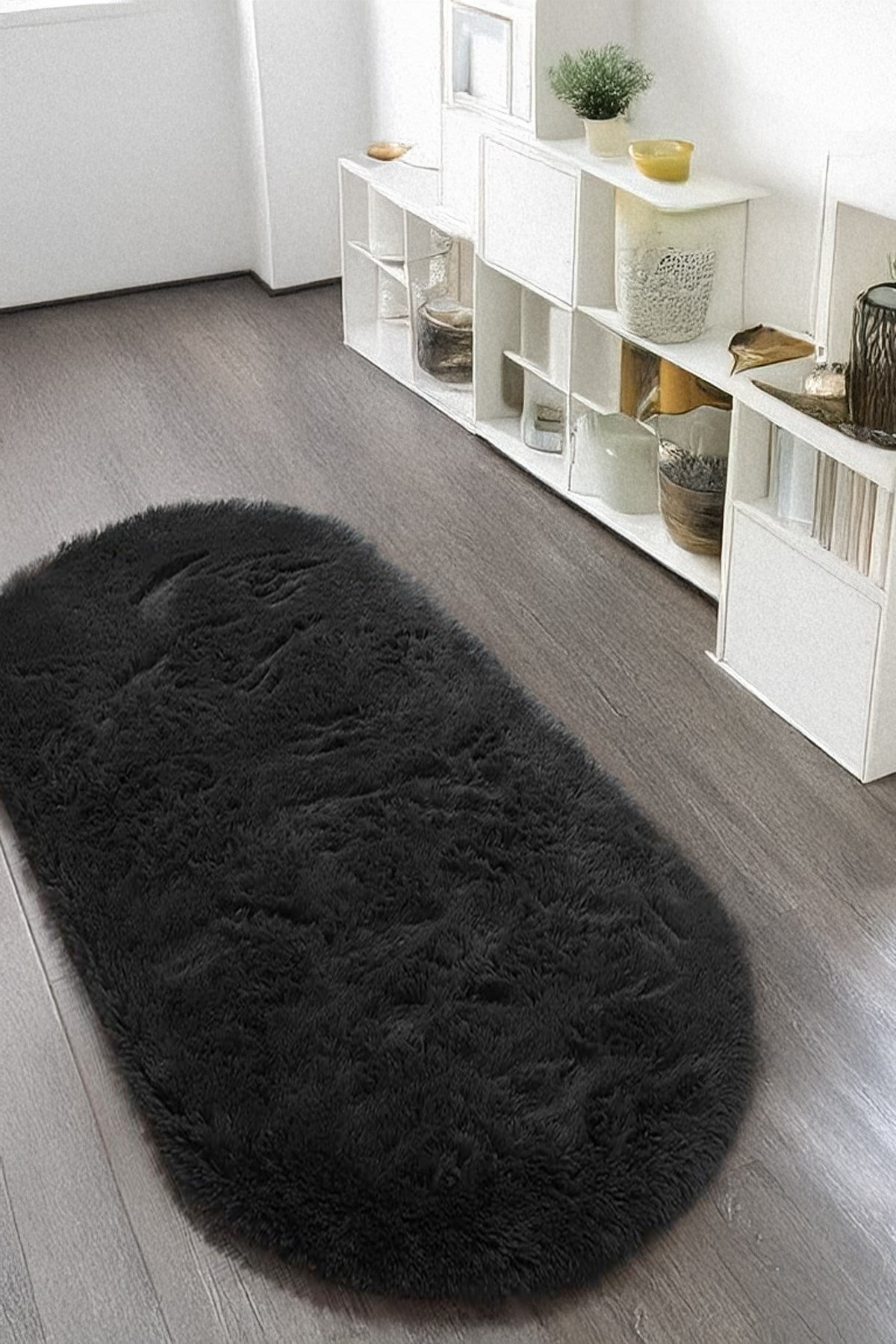 Antrasit Oval Peluş Post Halı Yolluk Yumuşak Tüylü Puffy Kaymaz Dekoratif Yıkanabilir Modern