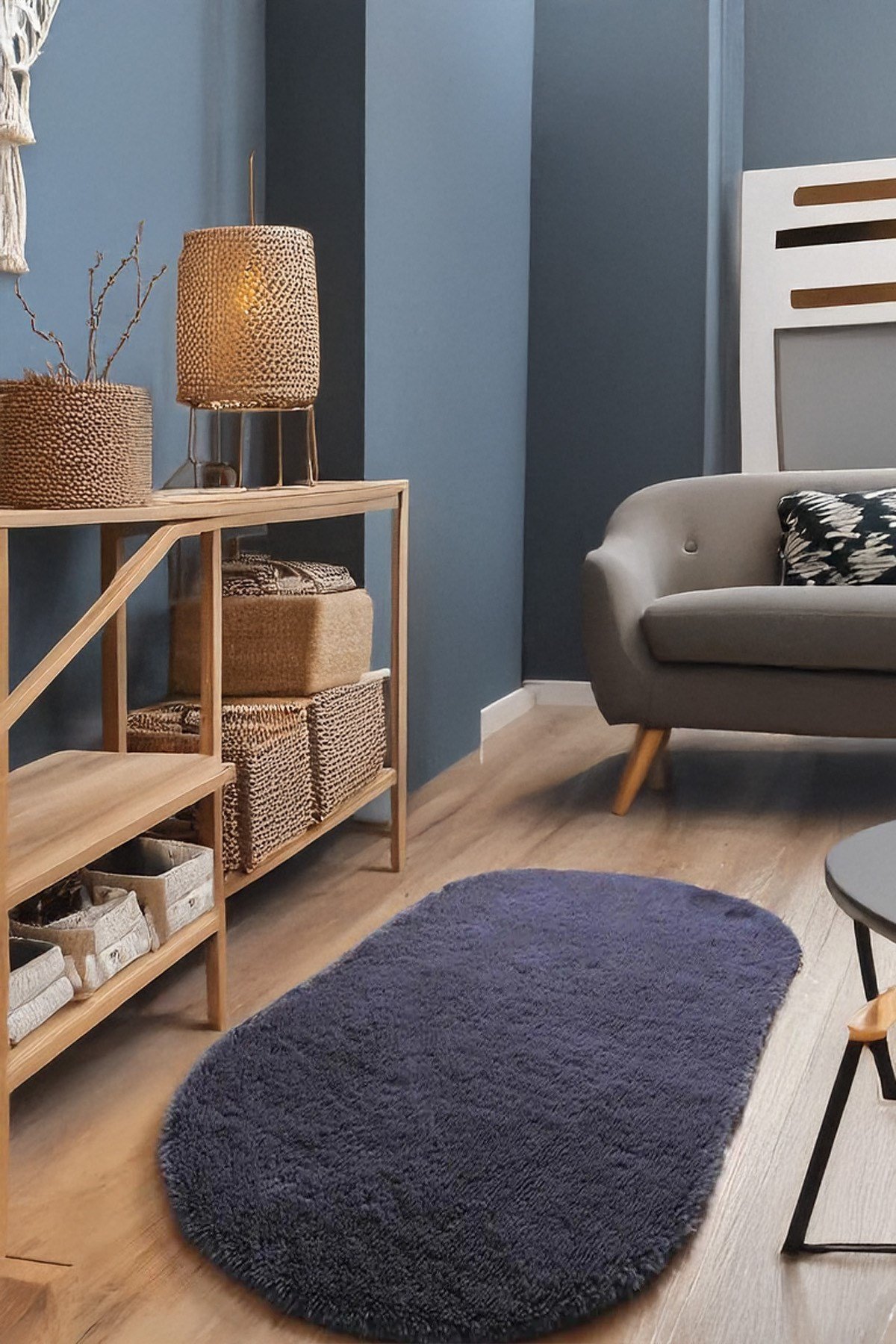Antrasit Oval Peluş Post Halı Yolluk Yumuşak Tüylü Puffy Kaymaz Dekoratif Yıkanabilir Modern