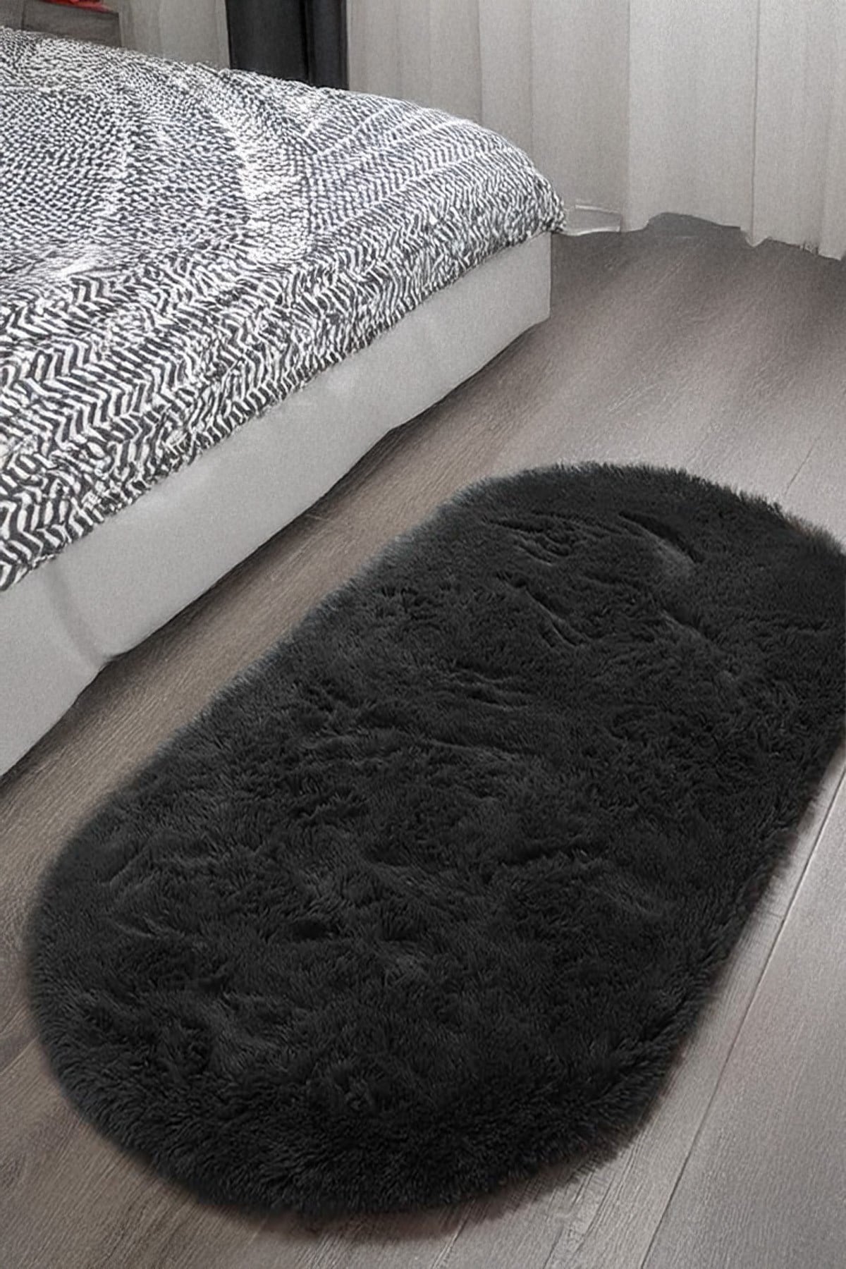 Antrasit Oval Peluş Post Halı Yolluk Yumuşak Tüylü Puffy Kaymaz Dekoratif Yıkanabilir Modern