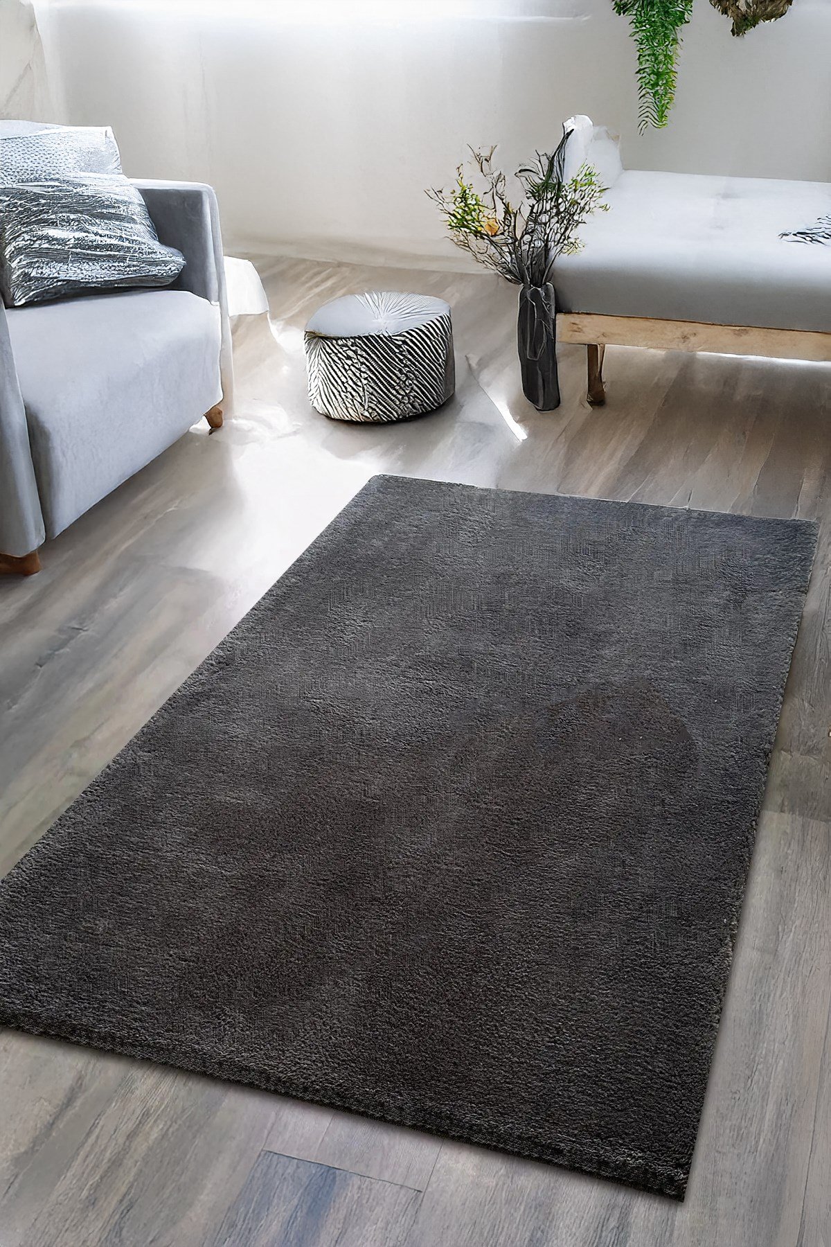 Antrasit Post Peluş Halı Yolluk Yumuşak Tüy Puffy Kaymaz Özel Taban Dekoratif Yıkanabilir Modern