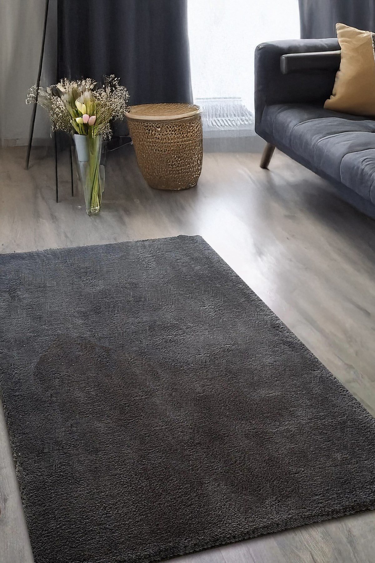 Antrasit Post Peluş Halı Yolluk Yumuşak Tüy Puffy Kaymaz Özel Taban Dekoratif Yıkanabilir Modern