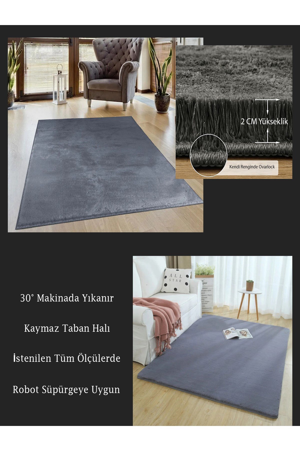 Antrasit Post Peluş Halı Yolluk Yumuşak Tüy Puffy Kaymaz Özel Taban Dekoratif Yıkanabilir Modern