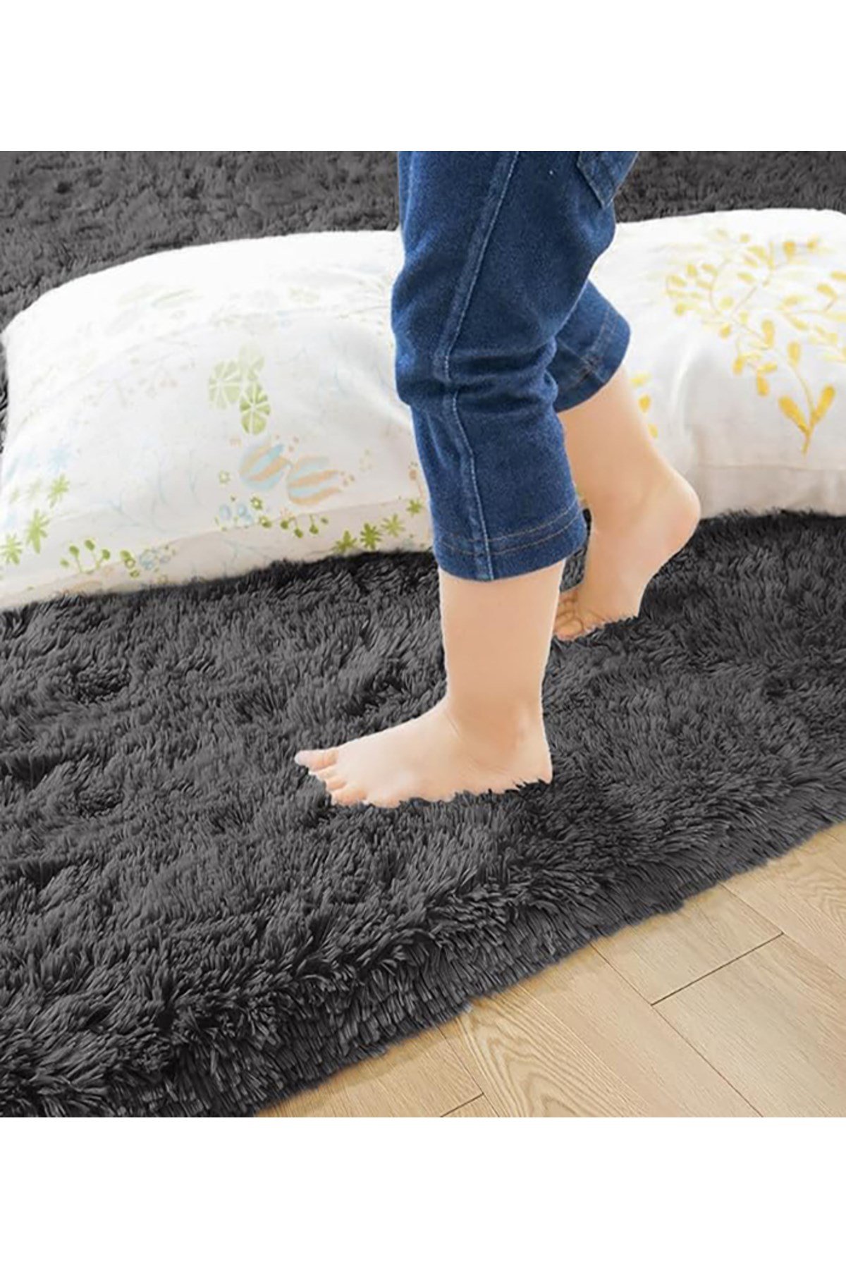 Antrasit Post Peluş Halı Yolluk Yumuşak Tüy Puffy Kaymaz Özel Taban Dekoratif Yıkanabilir Modern