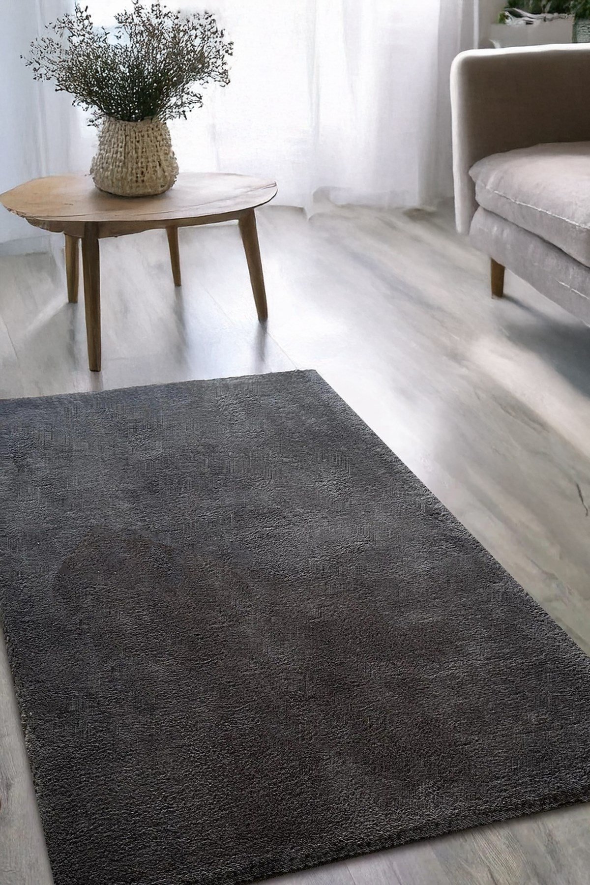 Antrasit Post Peluş Halı Yolluk Yumuşak Tüy Puffy Kaymaz Özel Taban Dekoratif Yıkanabilir Modern
