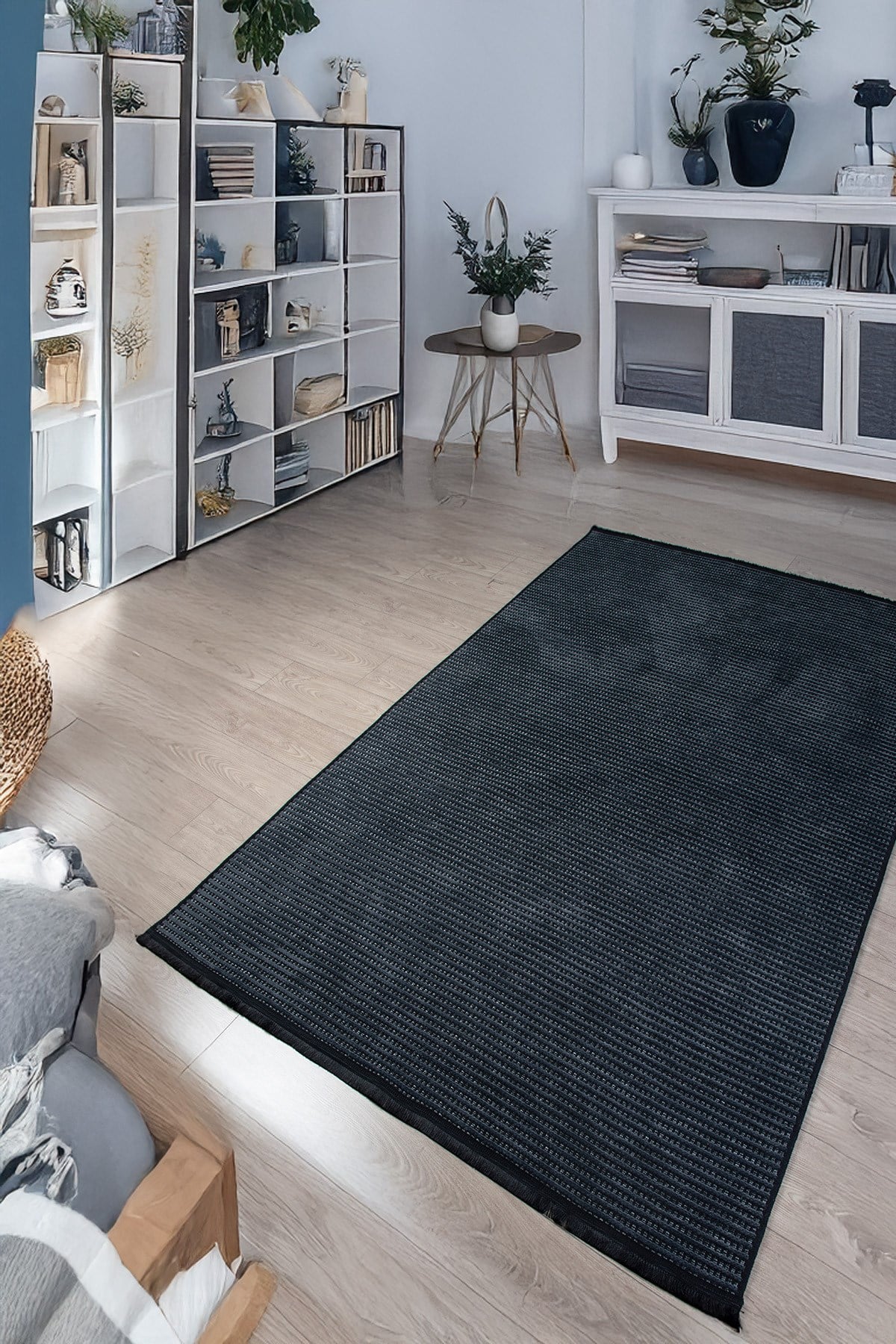Antrasit Şönil Makinada Yıkanabilir Kaymaz Saçaklı Pamuklu Halı Kilim Oturma Odası Salon Mutfak