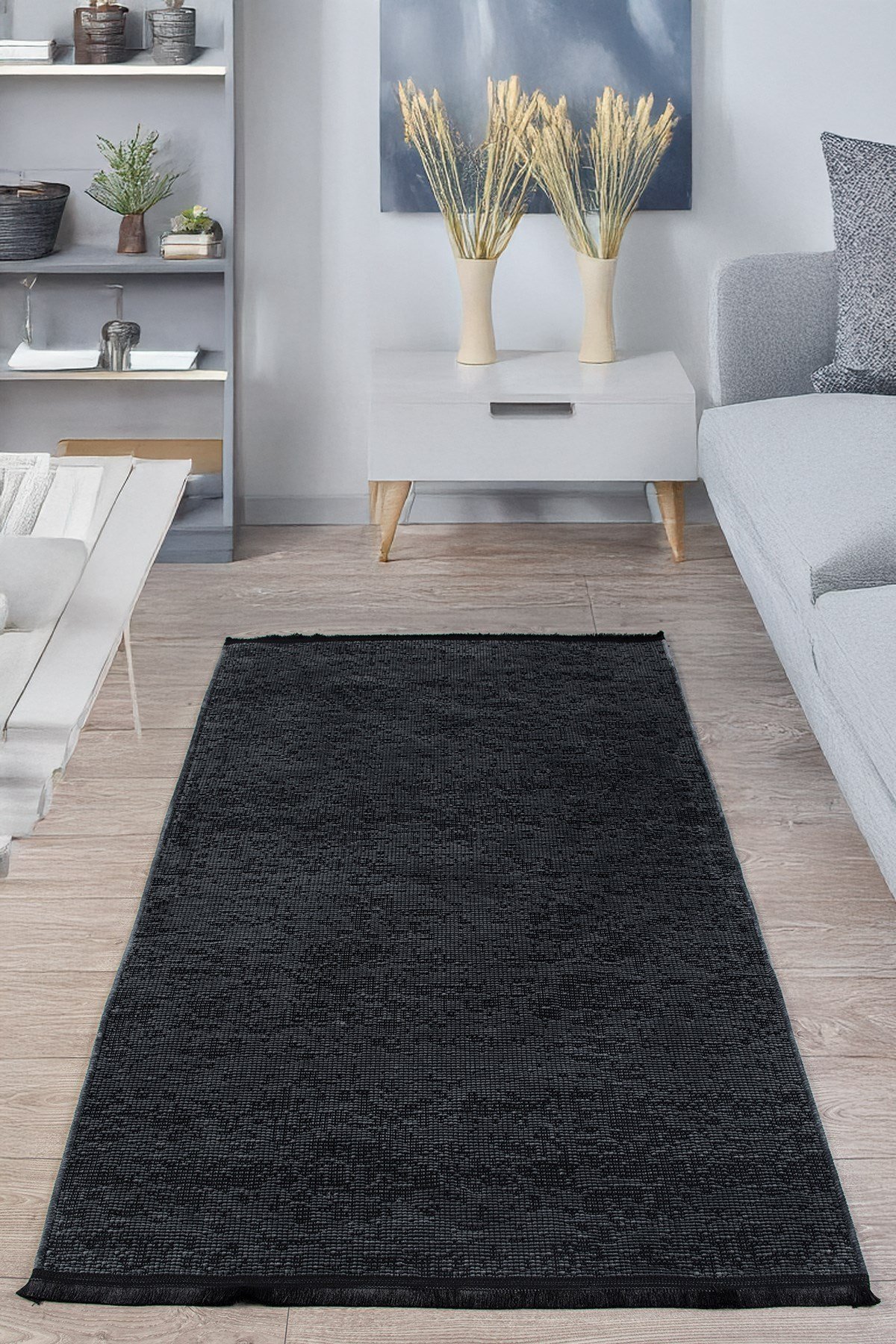 Antrasit Şönil Makinada Yıkanabilir Kaymaz Taban Saçaklı Pamuklu Halı Kilim Oturma Odası Salon