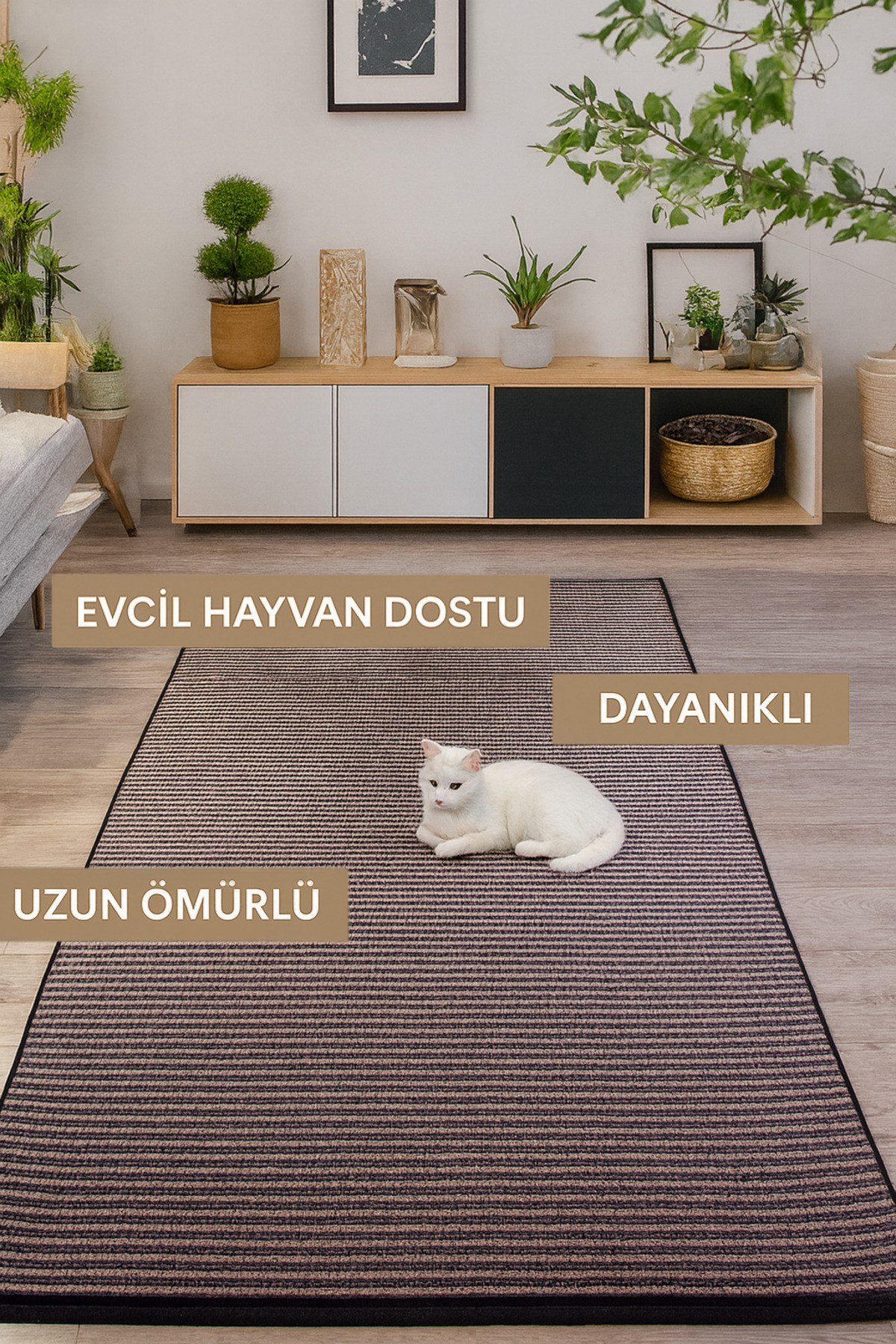 Bej Şönil Makinada Yıkanabilir Kaymaz Taban Saçaklı Pamuklu Halı Kilim Oturma Odası Salon Mutfak