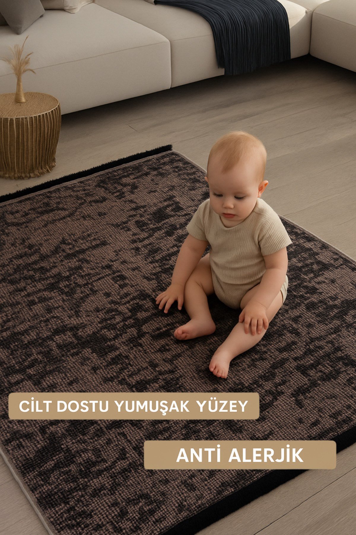Bej Şönil Makinada Yıkanabilir Kaymaz Taban Saçaklı Pamuklu Halı Kilim Oturma Odası Salon