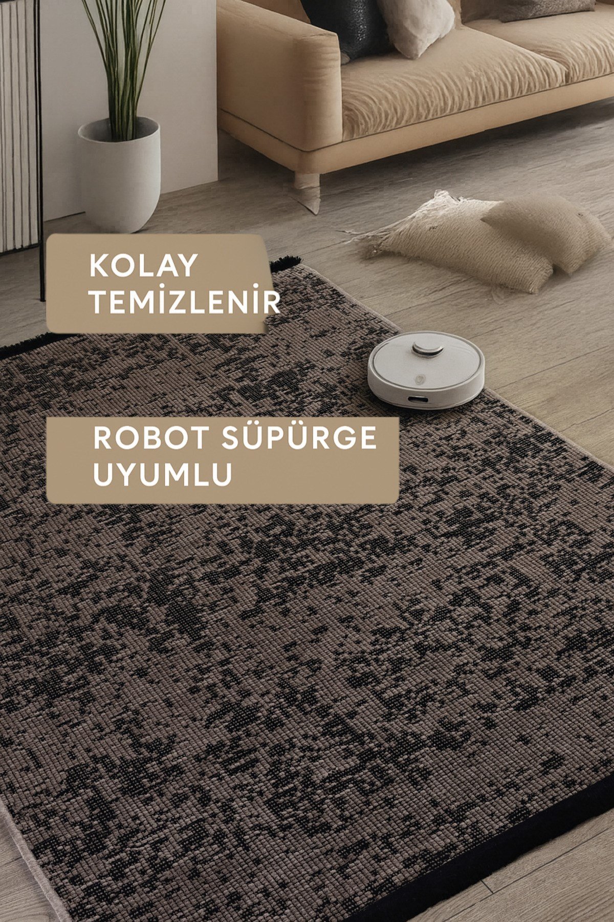 Bej Şönil Makinada Yıkanabilir Kaymaz Taban Saçaklı Pamuklu Halı Kilim Oturma Odası Salon