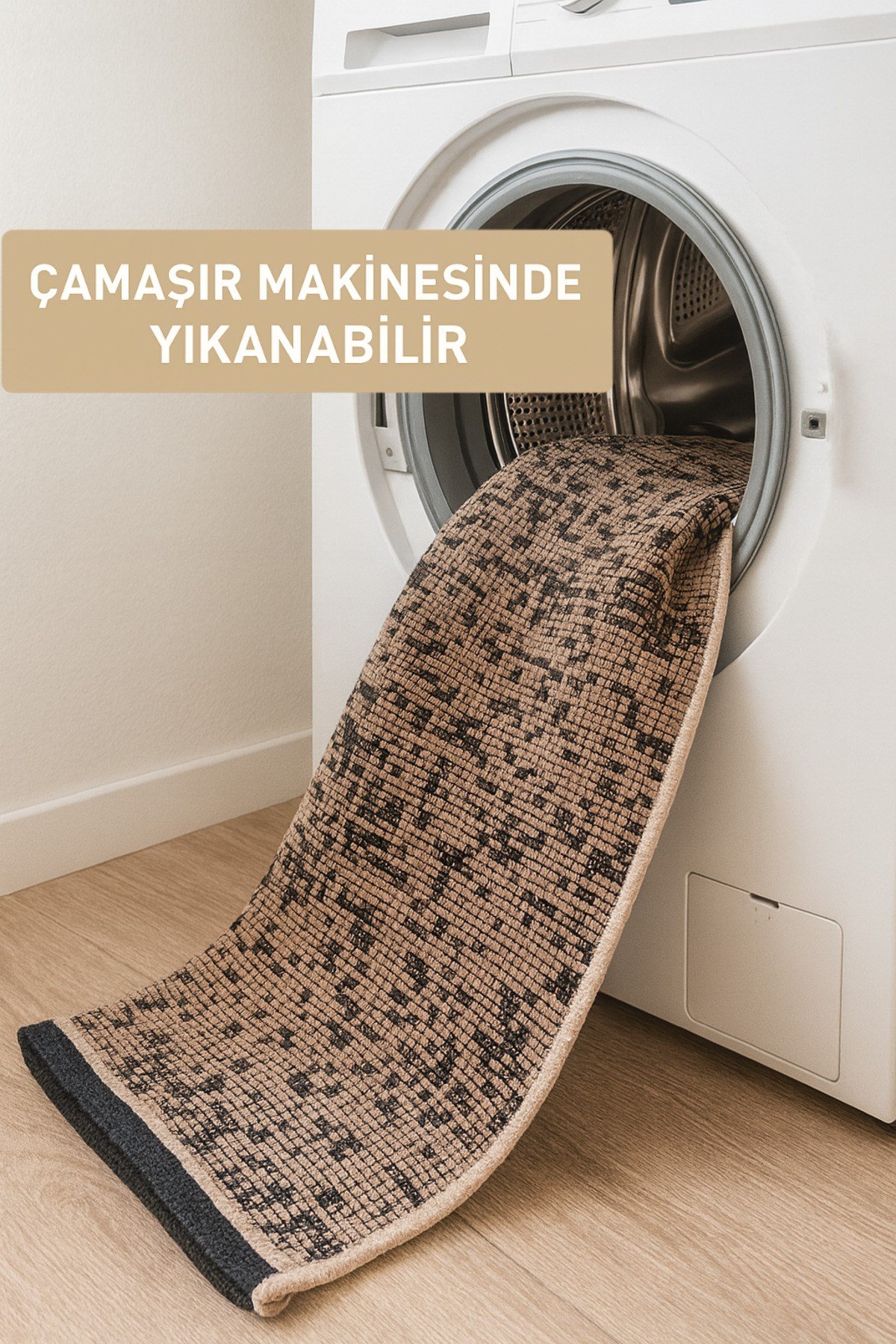 Bej Şönil Makinada Yıkanabilir Kaymaz Taban Saçaklı Pamuklu Halı Kilim Oturma Odası Salon
