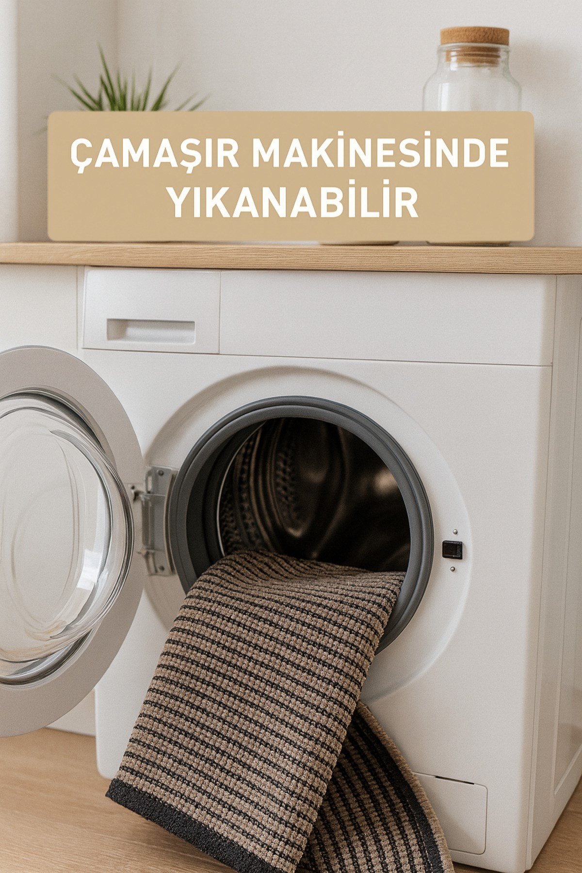 Bej Şönil Makinada Yıkanabilir Kaymaz Taban Saçaklı Pamuklu Halı Kilim Oturma Odası Salon Mutfak