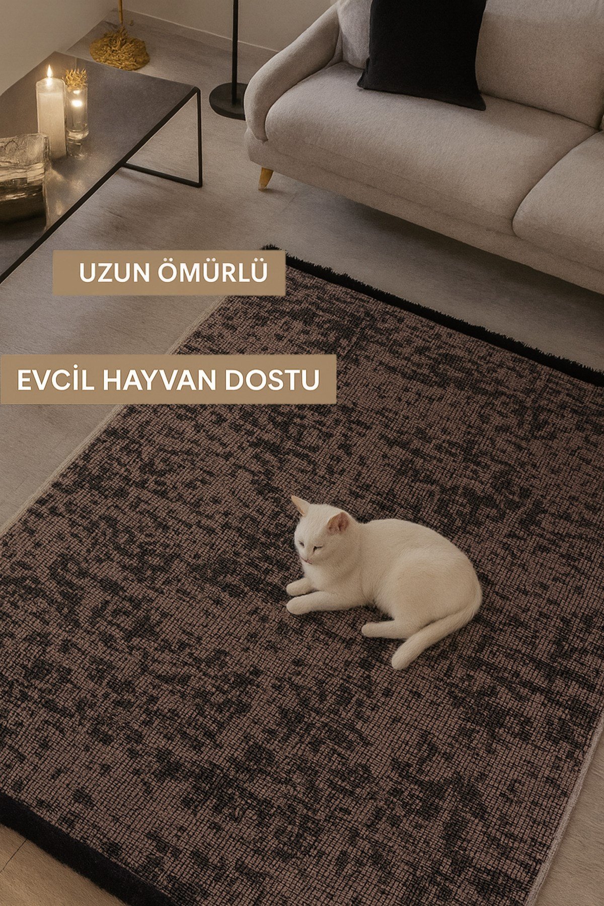 Bej Şönil Makinada Yıkanabilir Kaymaz Taban Saçaklı Pamuklu Halı Kilim Oturma Odası Salon