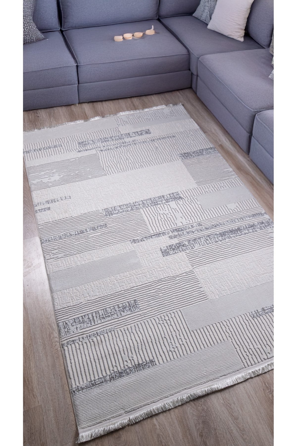 Beyaz Gri Polyester Halı Antibakteriyel Saçaklı Tozumaz Salon Oturma Çocuk Odası Yolluk Makine