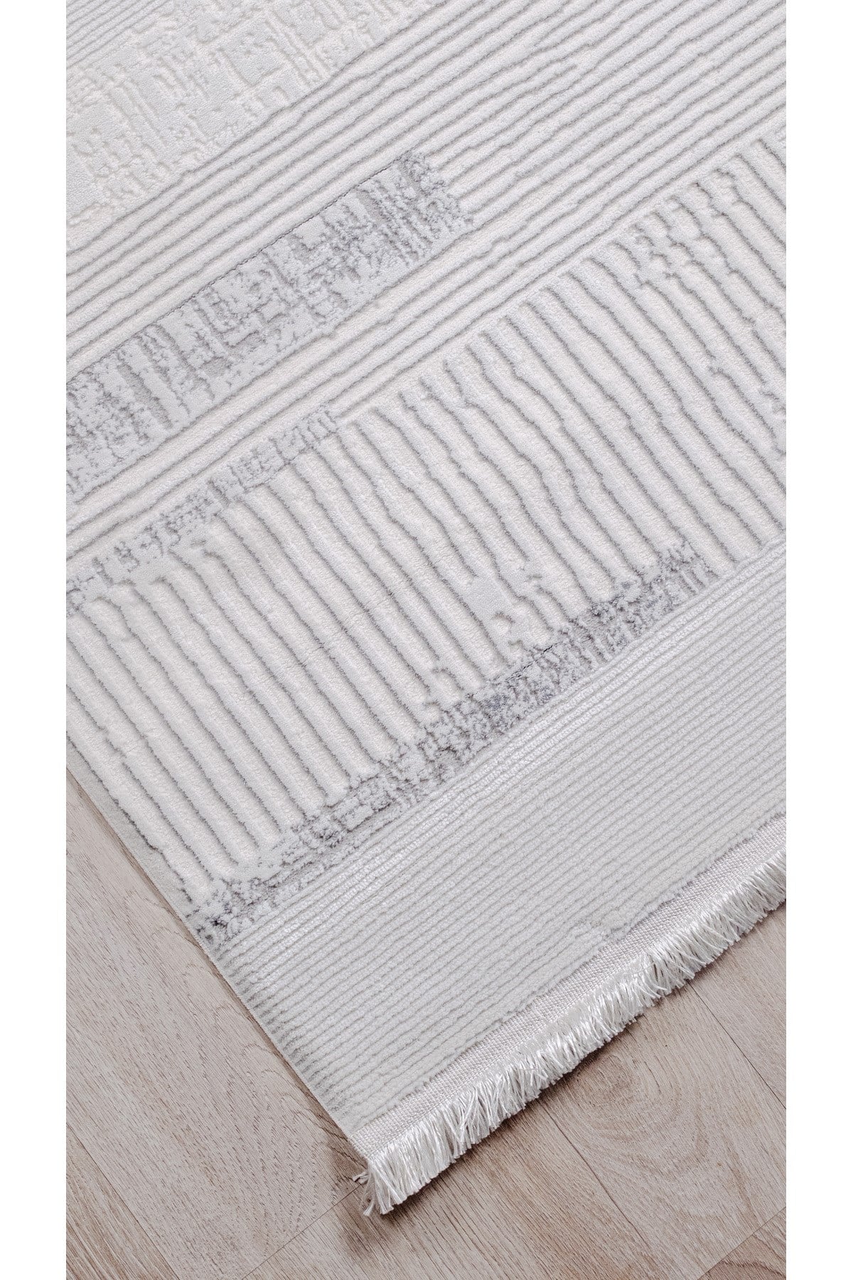 Beyaz Gri Polyester Halı Antibakteriyel Saçaklı Tozumaz Salon Oturma Çocuk Odası Yolluk Makine