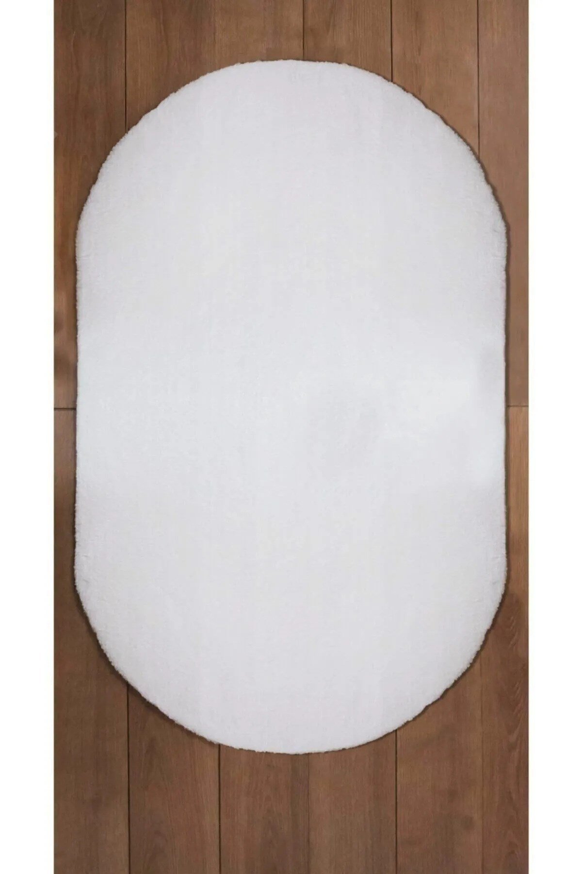 Beyaz Oval Peluş Post Halı Yolluk Yumuşak Tüylü Puffy Kaymaz Taban Dekoratif Yıkanabilir Modern
