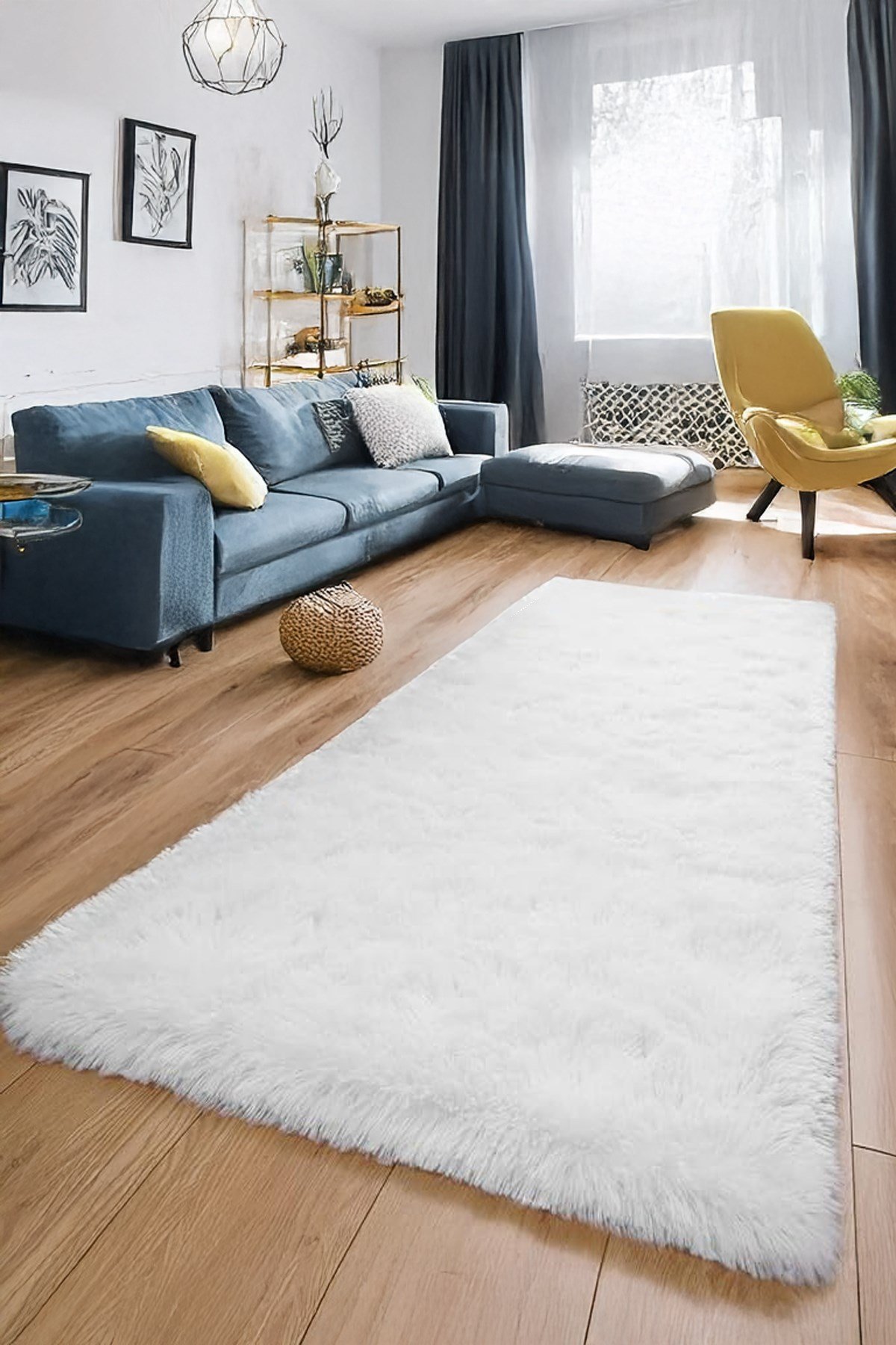 Beyaz Post Peluş Halı Yolluk Yumuşak Tüylü Puffy Kaymaz Özel Taban Dekoratif Yıkanabilir Modern