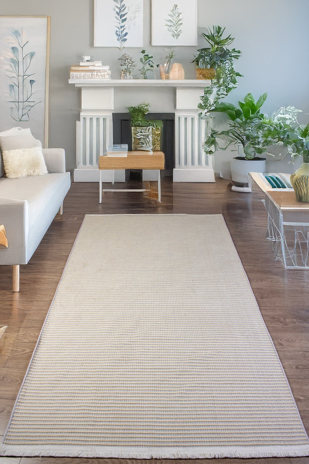 Beyaz Şönil Makinada Yıkanabilir Kaymaz Taban Saçaklı Pamuklu Halı Kilim Oturma Odası Salon Mutfak