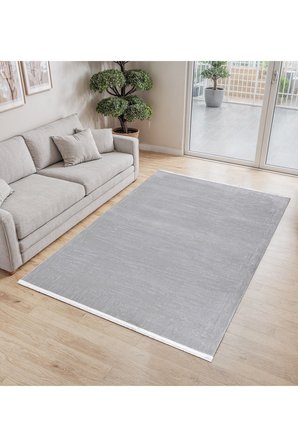 Gri 7102 Modern Desen Doğal Taban Saçaklı Salon Koridor Mutfak Çocuk Oturma Odası Halısı Yolluk
