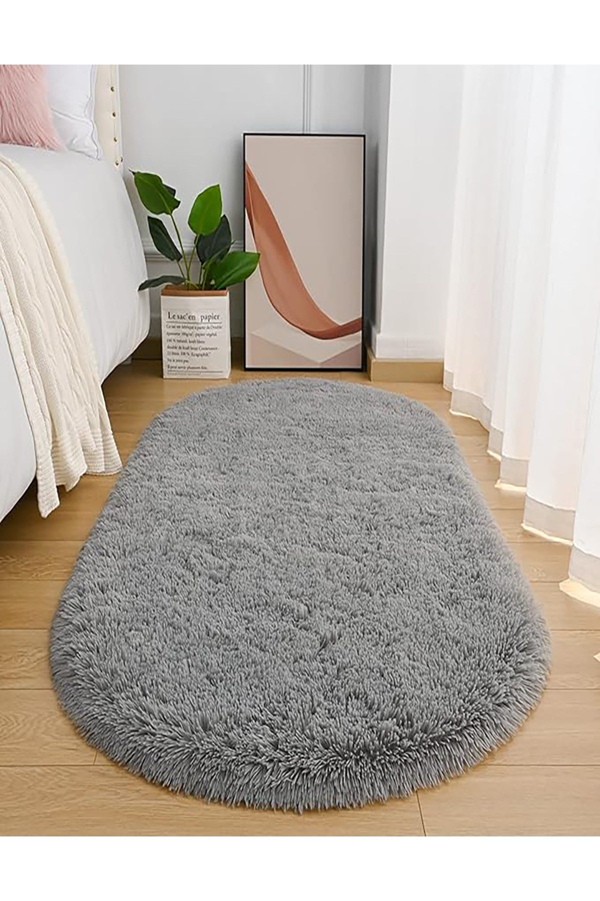 Gri Oval Peluş Post Halı Yolluk Yumuşak Tüylü Puffy Kaymaz Taban Dekoratif Yıkanabilir Modern