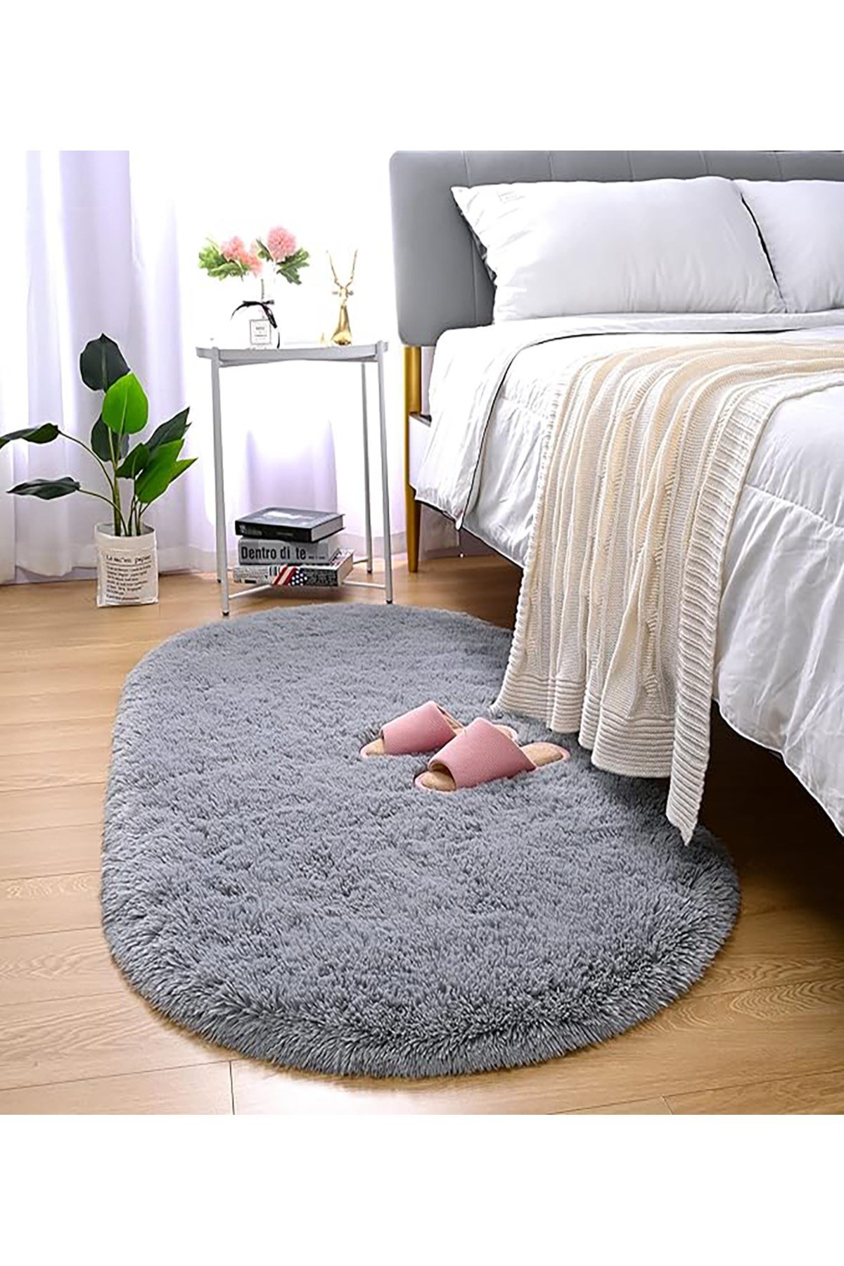 Gri Oval Peluş Post Halı Yolluk Yumuşak Tüylü Puffy Kaymaz Taban Dekoratif Yıkanabilir Modern