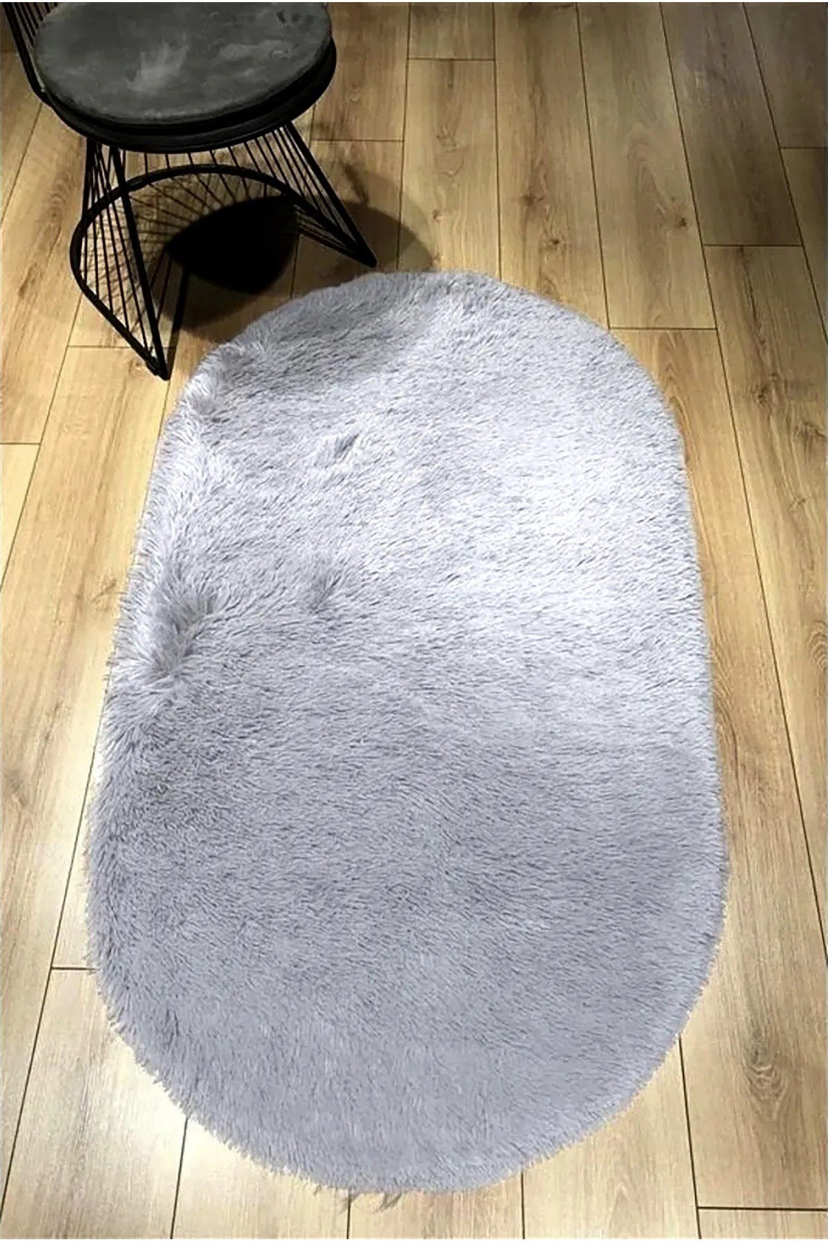 Gri Oval Peluş Post Halı Yolluk Yumuşak Tüylü Puffy Kaymaz Taban Dekoratif Yıkanabilir Modern